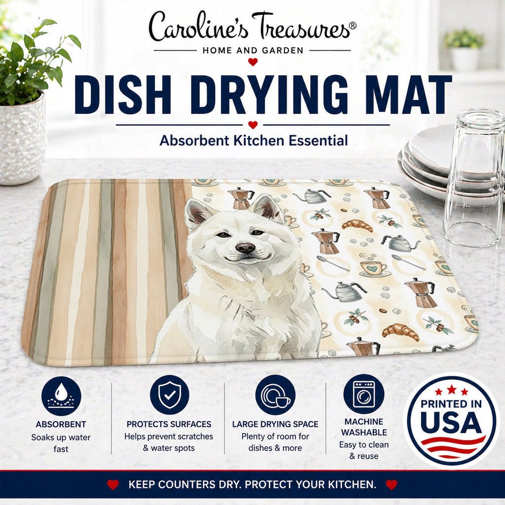 White Akita Coffee Bar Dish Drying Mat Absorbent Dish Drying Mat Pad for Kitchen Counter Dish Drainer Mat for Countertop, 14 x 21", Multicolor