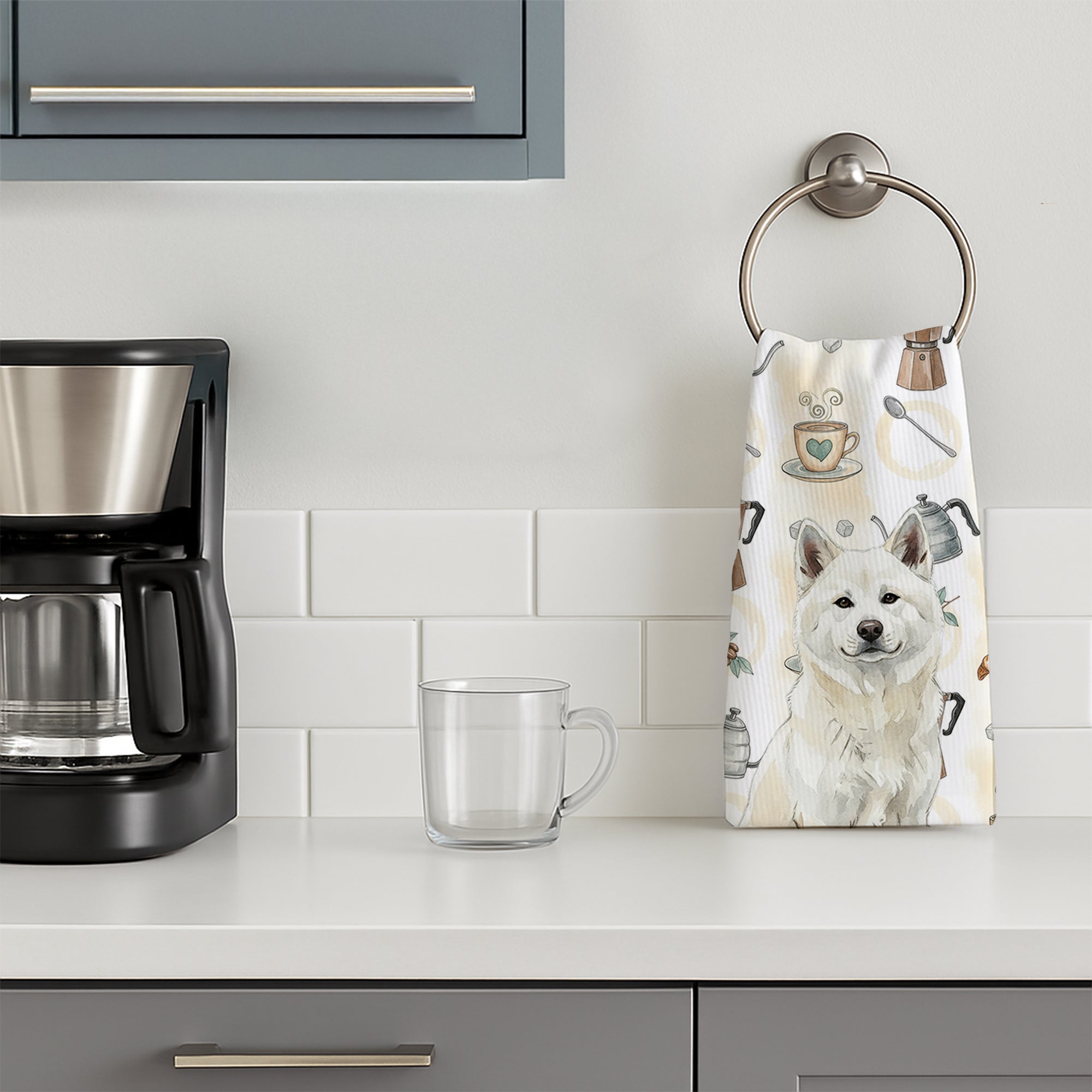 White Akita Coffee Bar Kitchen Towel Velour Plush Front and Cotton Loop Back Machine Washable