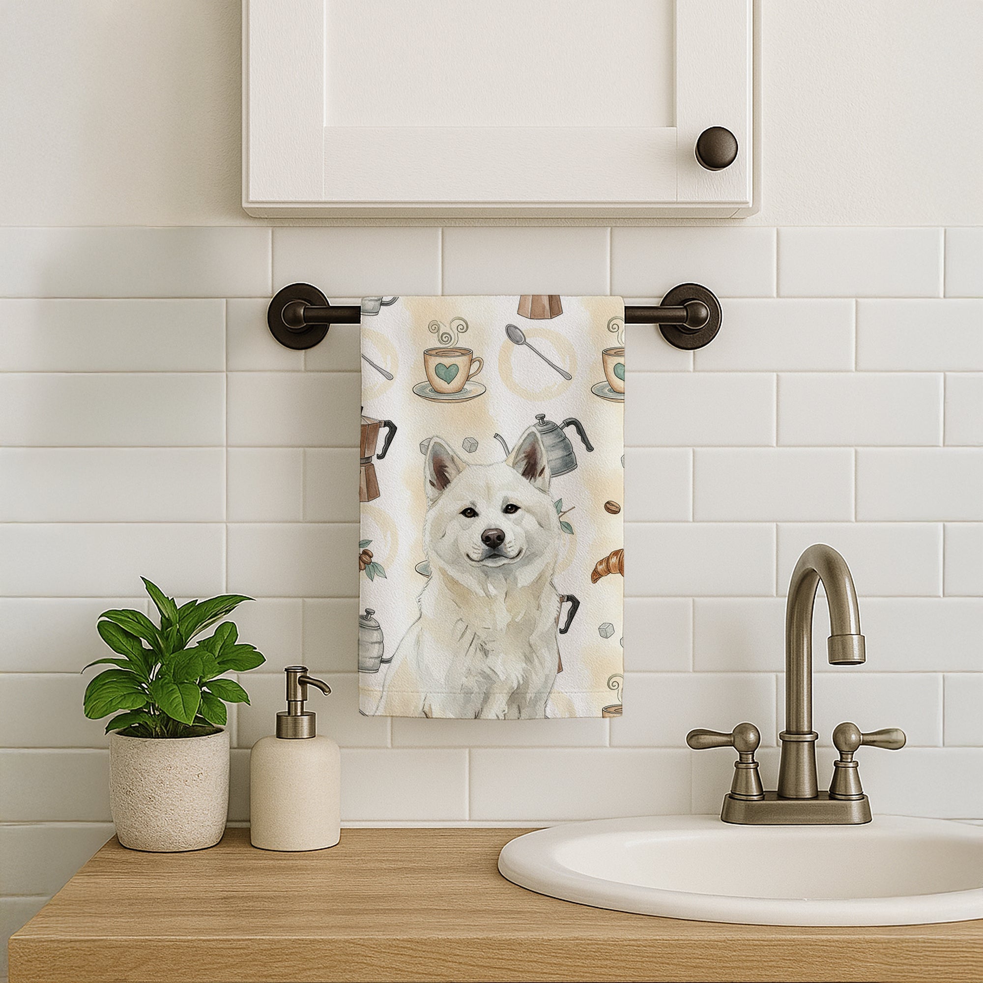 White Akita Coffee Bar Kitchen Towel Velour Plush Front and Cotton Loop Back Machine Washable