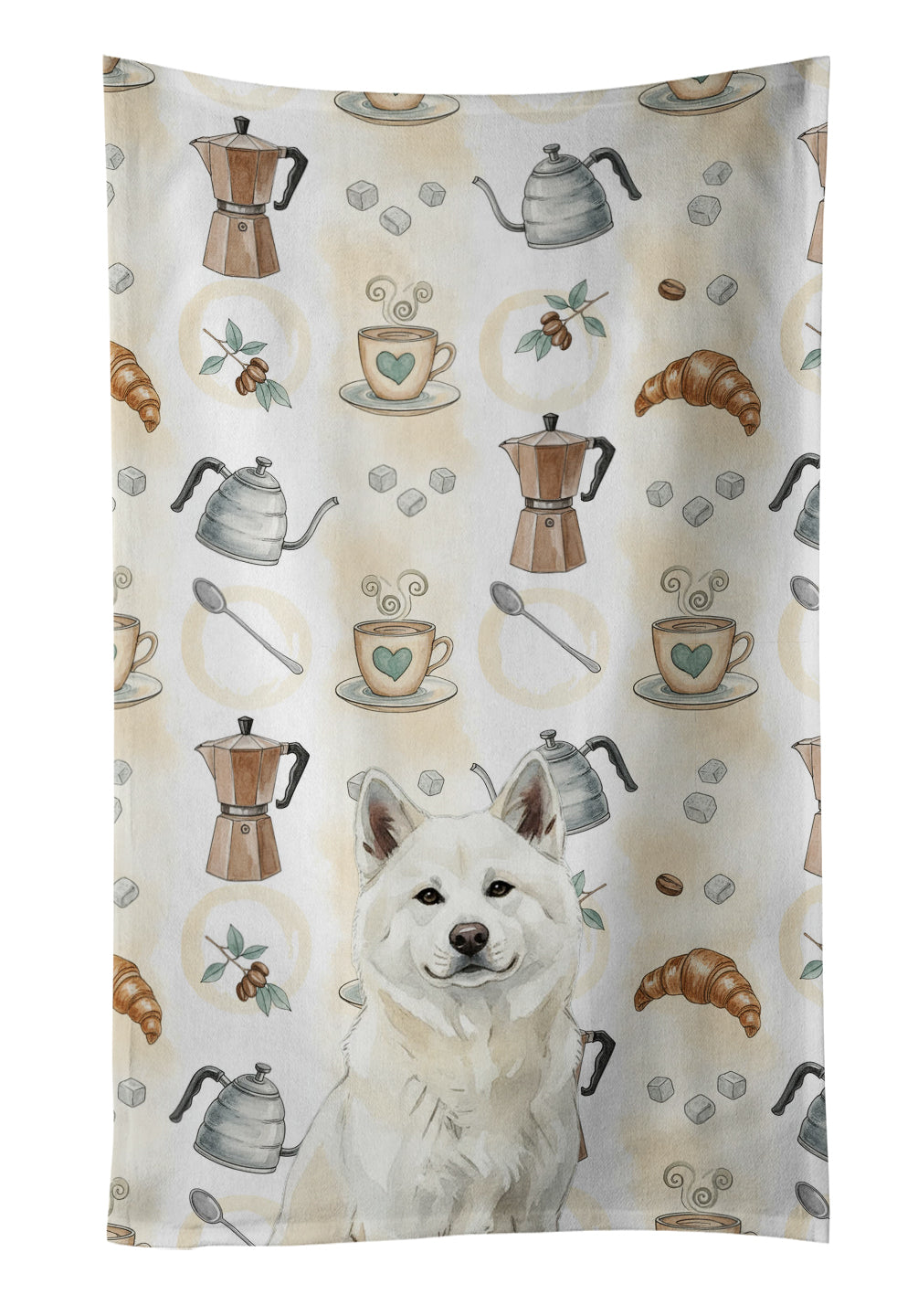 White Akita Coffee Bar Kitchen Towel Velour Plush Front and Cotton Loop Back Machine Washable