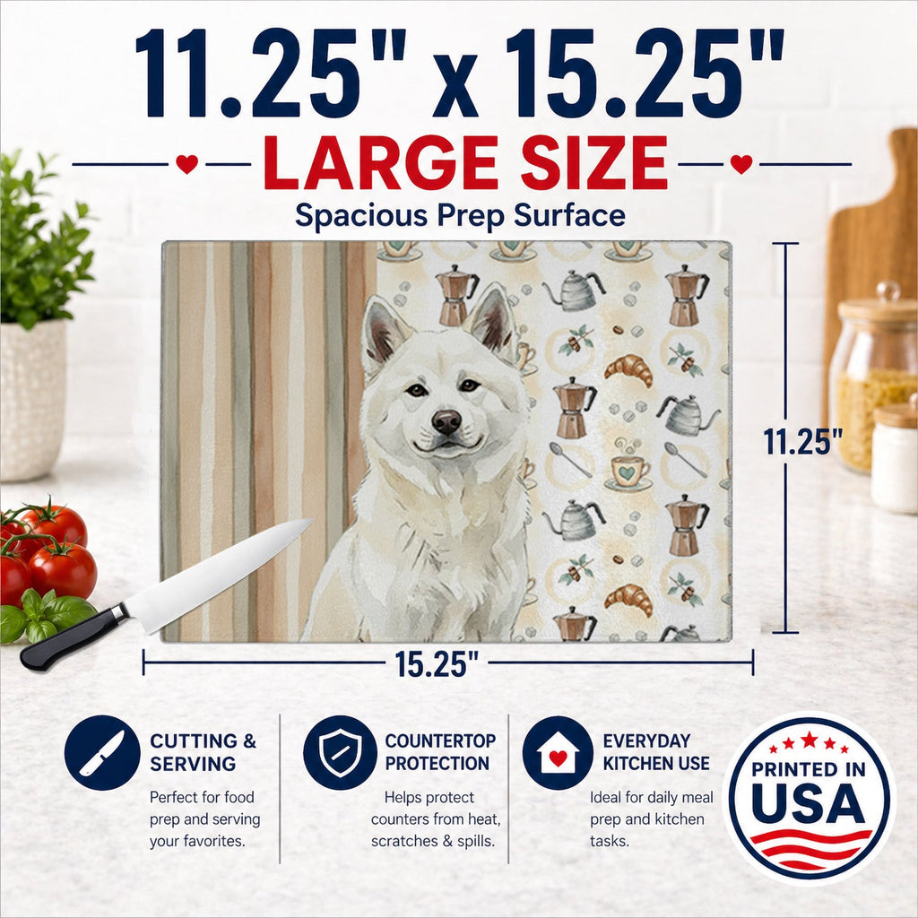 White Akita Coffee Bar Cutting Board Tempered Glass Kitchen Cutting Surface, Heat Resistant Chopping, Non-Slip Feet, Food Prep & Serving