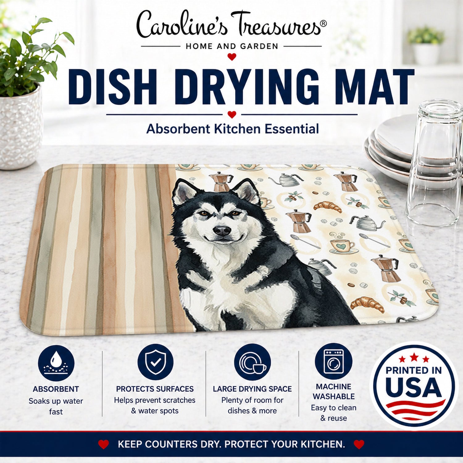 Black and White Alaskan Malamute Coffee Bar Dish Drying Mat Absorbent Dish Drying Mat Pad for Kitchen Counter Dish Drainer Mat for Countertop, 14 x 21", Multicolor