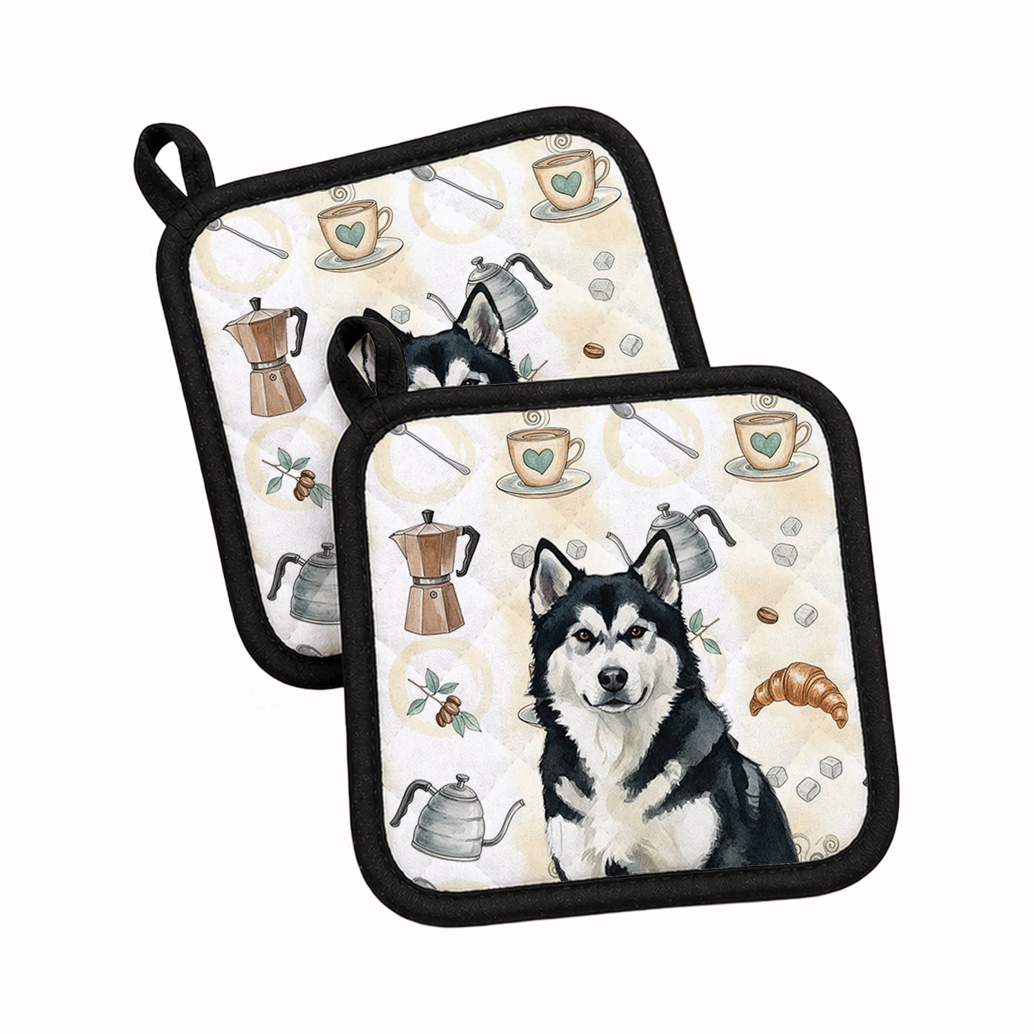 Black and White Alaskan Malamute Coffee Bar Pot Holder Set of 2 Heat Resistant Quilted Hot Pads 7.5 x 7.5 Inch, Insulated Kitchen Trivets for Cooking & Baking