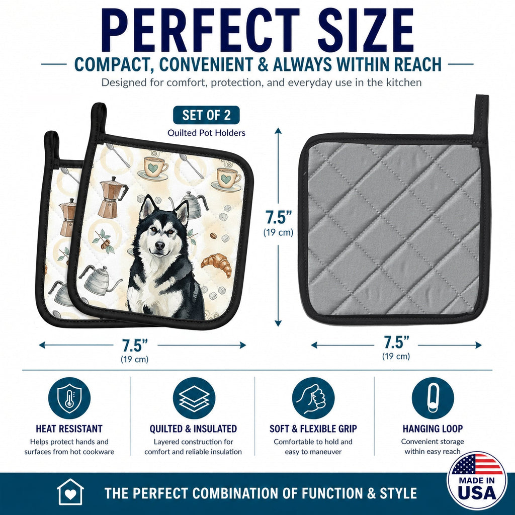 Black and White Alaskan Malamute Coffee Bar Pot Holder Set of 2 Heat Resistant Quilted Hot Pads 7.5 x 7.5 Inch, Insulated Kitchen Trivets for Cooking & Baking