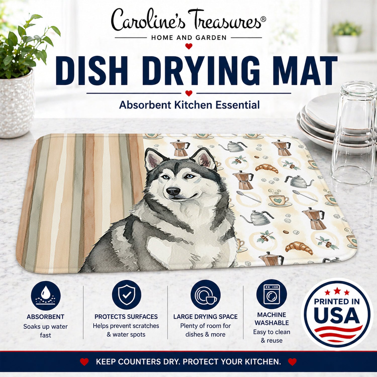 Gray and White Alaskan Malamute Coffee Bar Dish Drying Mat Absorbent Dish Drying Mat Pad for Kitchen Counter Dish Drainer Mat for Countertop, 14 x 21", Multicolor