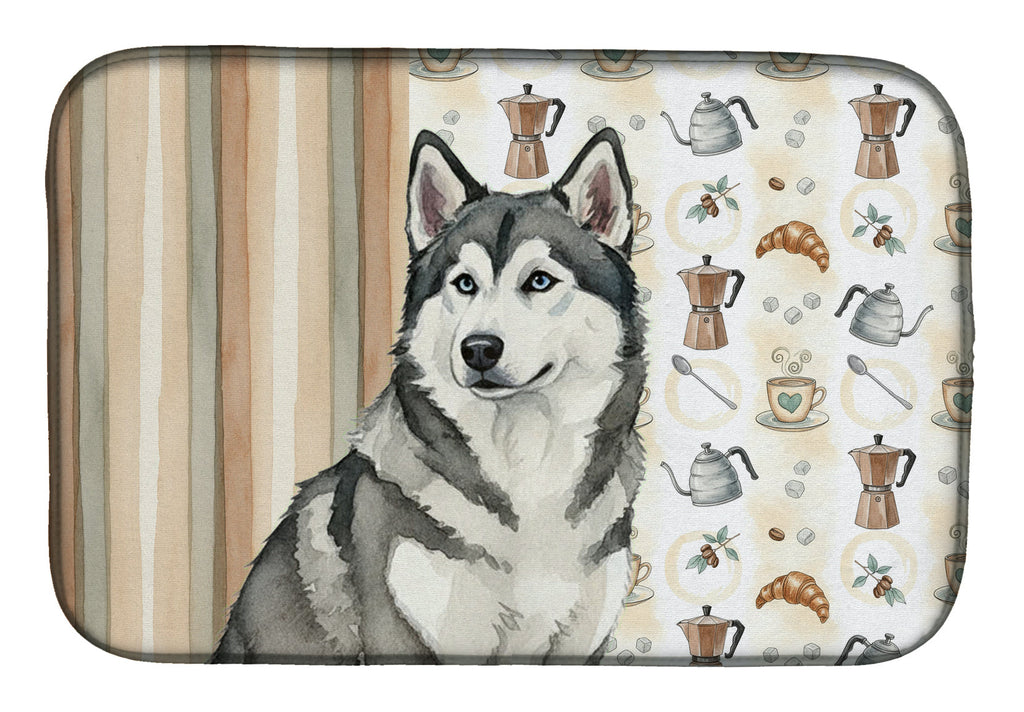 Gray and White Alaskan Malamute Coffee Bar Dish Drying Mat Absorbent Dish Drying Mat Pad for Kitchen Counter Dish Drainer Mat for Countertop, 14 x 21", Multicolor