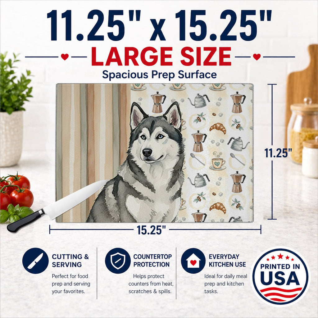 Gray and White Alaskan Malamute Coffee Bar Cutting Board Tempered Glass Kitchen Cutting Surface, Heat Resistant Chopping, Non-Slip Feet, Food Prep & Serving