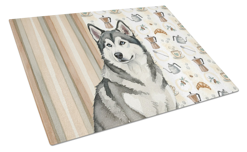 Gray and White Alaskan Malamute Coffee Bar Cutting Board Tempered Glass Kitchen Cutting Surface, Heat Resistant Chopping, Non-Slip Feet, Food Prep & Serving