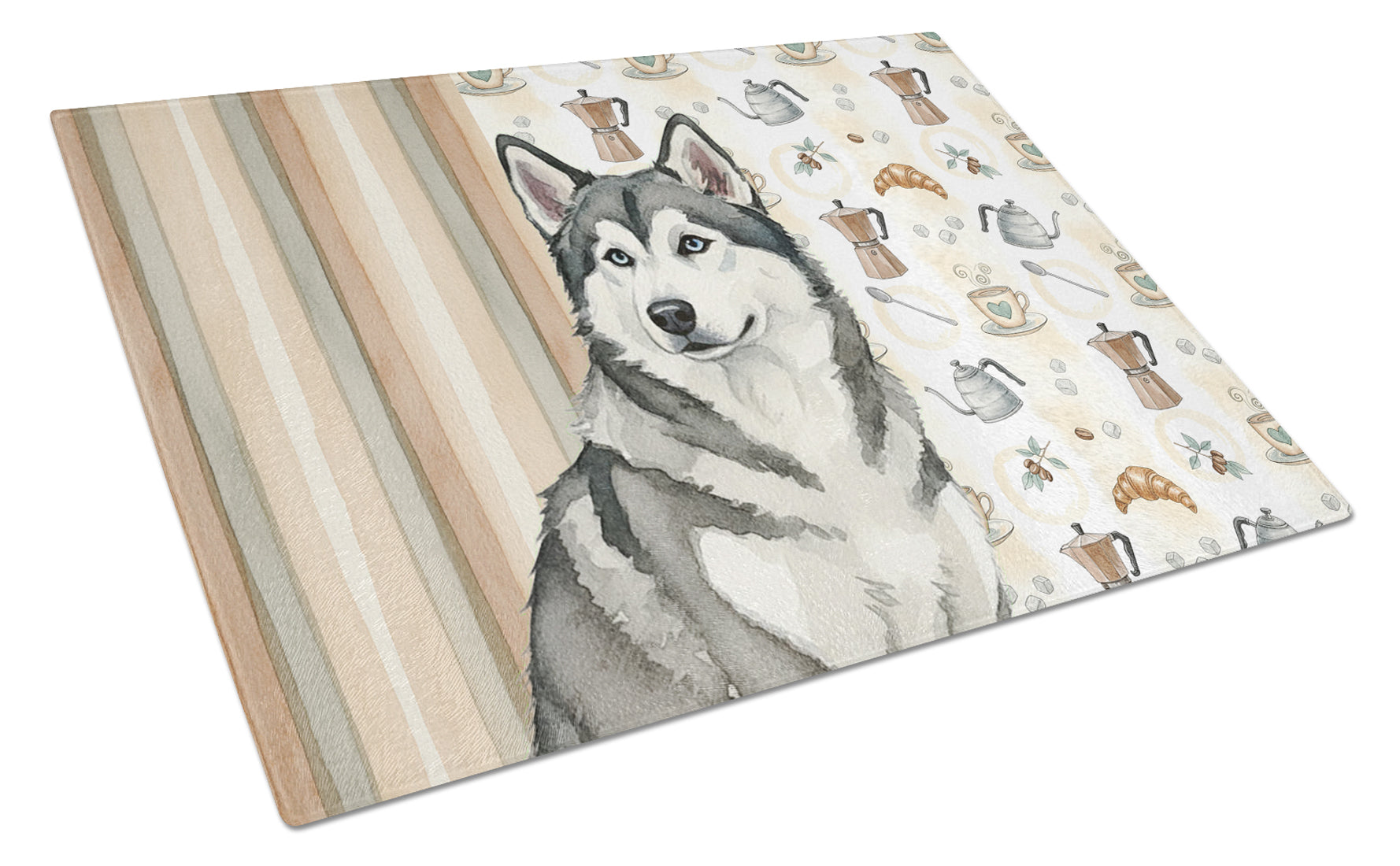 Gray and White Alaskan Malamute Coffee Bar Cutting Board Tempered Glass Kitchen Cutting Surface, Heat Resistant Chopping, Non-Slip Feet, Food Prep & Serving