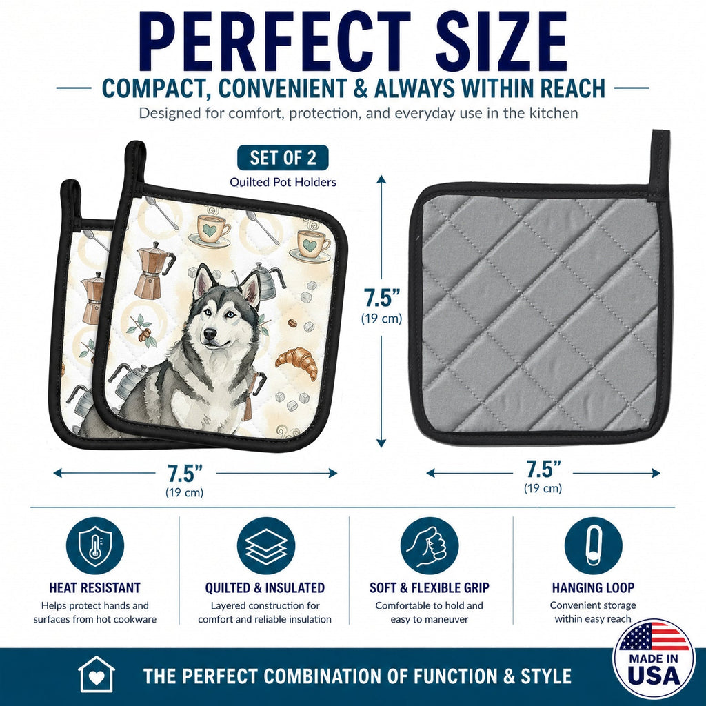 Gray and White Alaskan Malamute Coffee Bar Pot Holder Set of 2 Heat Resistant Quilted Hot Pads 7.5 x 7.5 Inch, Insulated Kitchen Trivets for Cooking & Baking