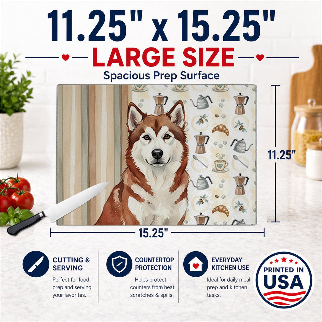 Red and White Alaskan Malamute Coffee Bar Cutting Board Tempered Glass Kitchen Cutting Surface, Heat Resistant Chopping, Non-Slip Feet, Food Prep & Serving