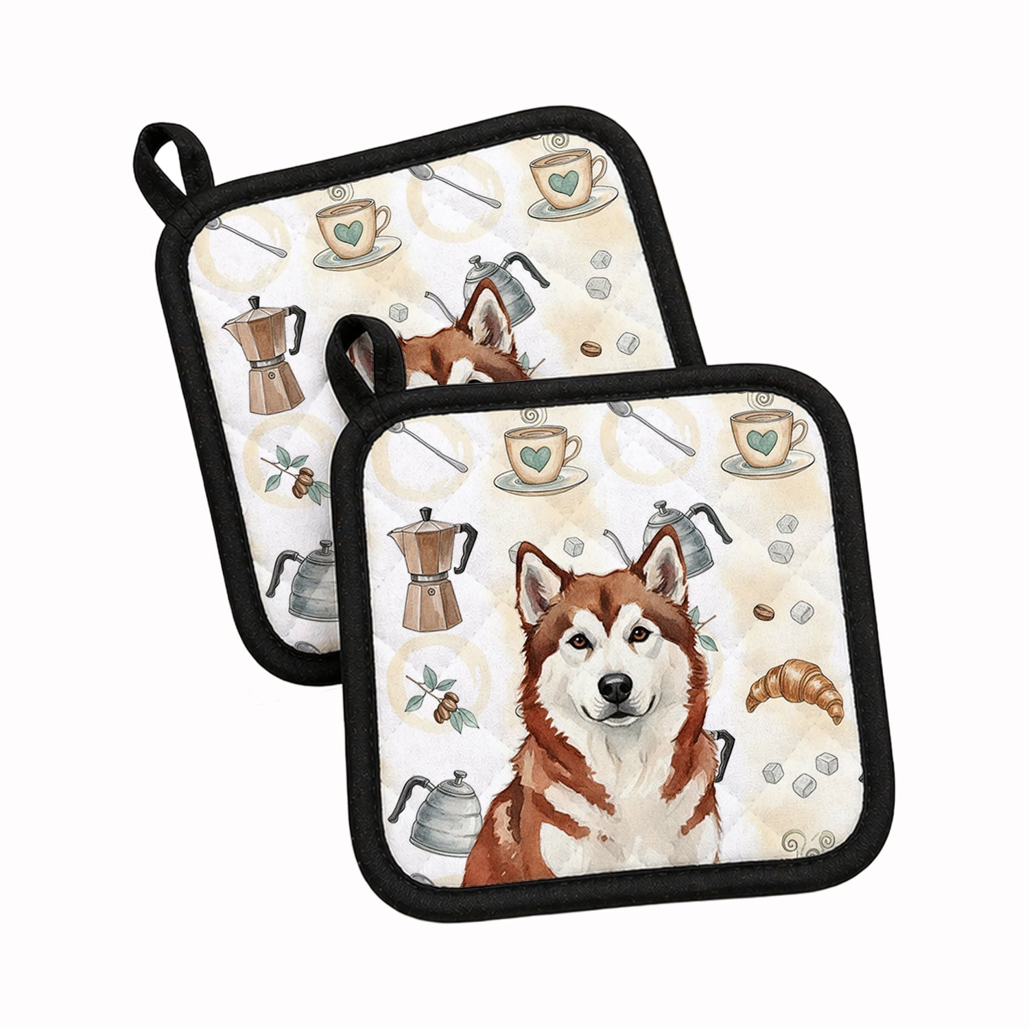 Red and White Alaskan Malamute Coffee Bar Pot Holder Set of 2 Heat Resistant Quilted Hot Pads 7.5 x 7.5 Inch, Insulated Kitchen Trivets for Cooking & Baking