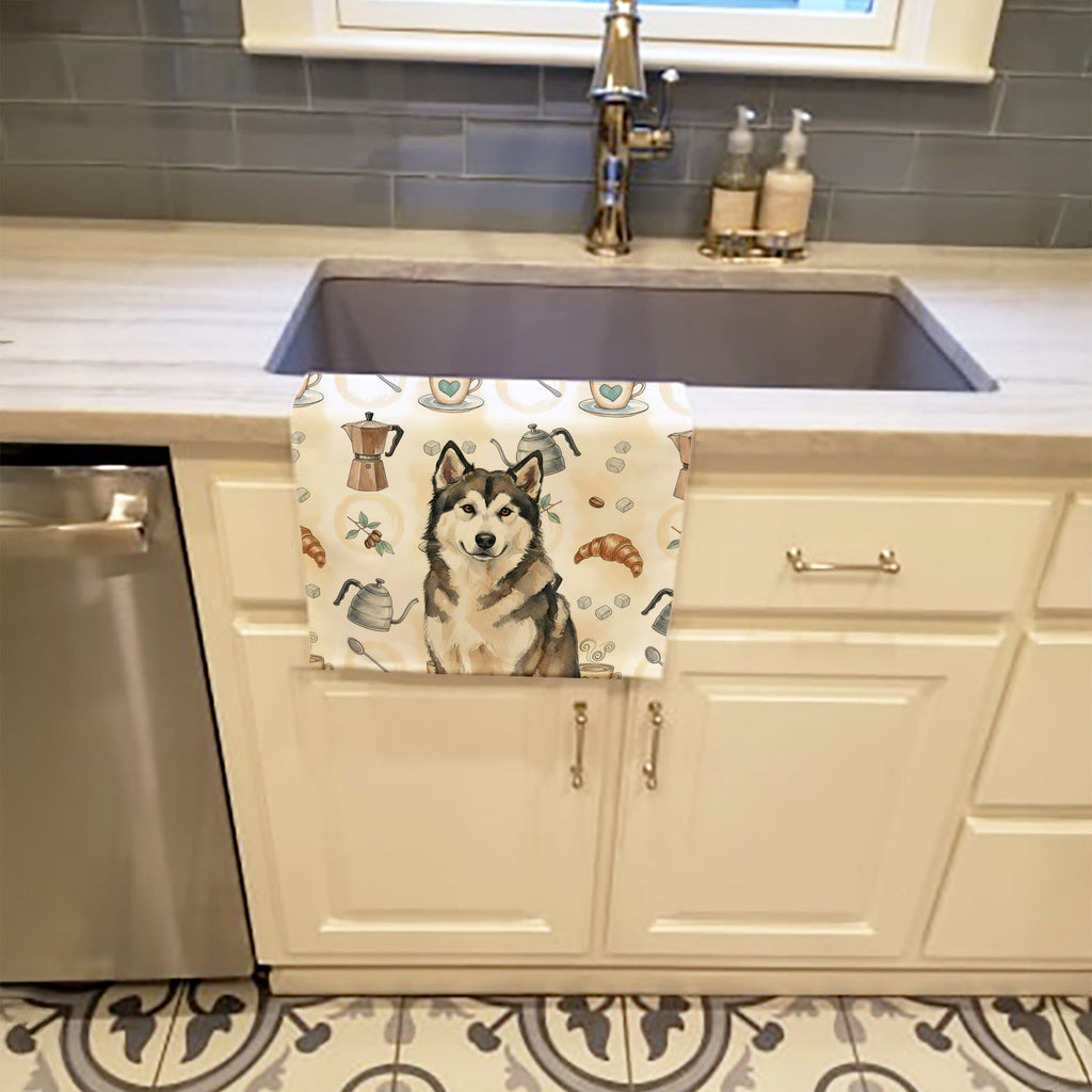 Sable and White Alaskan Malamute Coffee Bar Kitchen Towel Velour Plush Front and Cotton Loop Back Machine Washable