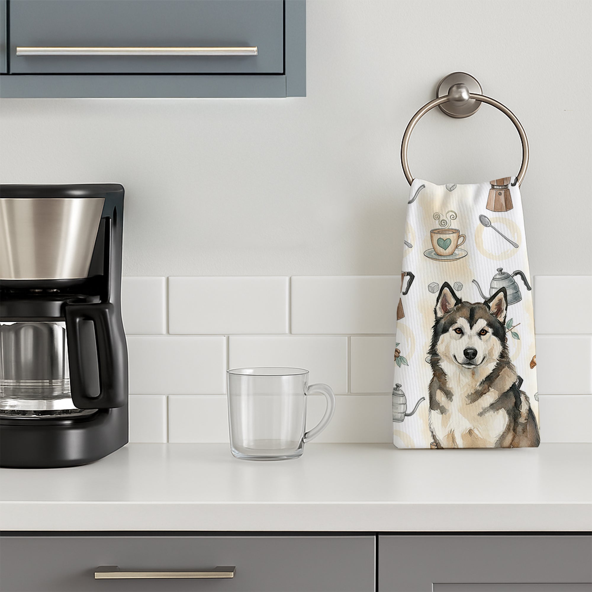 Sable and White Alaskan Malamute Coffee Bar Kitchen Towel Velour Plush Front and Cotton Loop Back Machine Washable