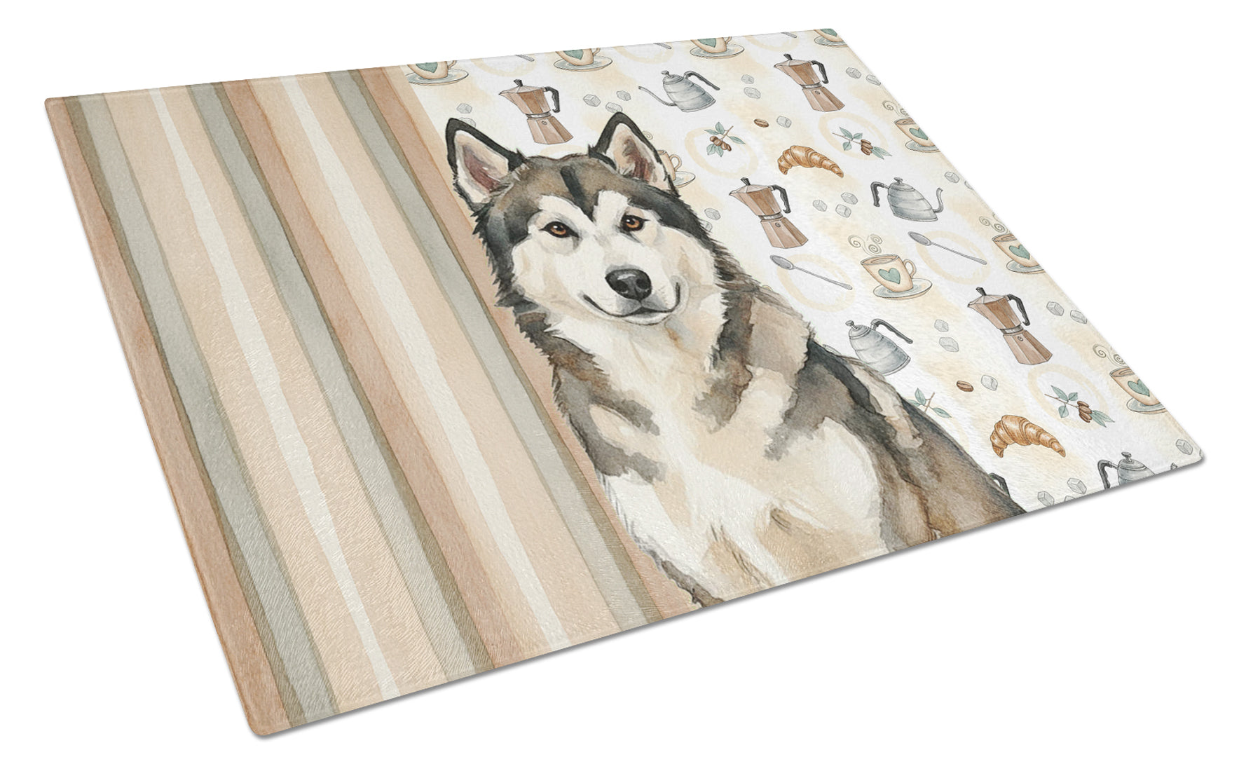 Sable and White Alaskan Malamute Coffee Bar Cutting Board Tempered Glass Kitchen Cutting Surface, Heat Resistant Chopping, Non-Slip Feet, Food Prep & Serving