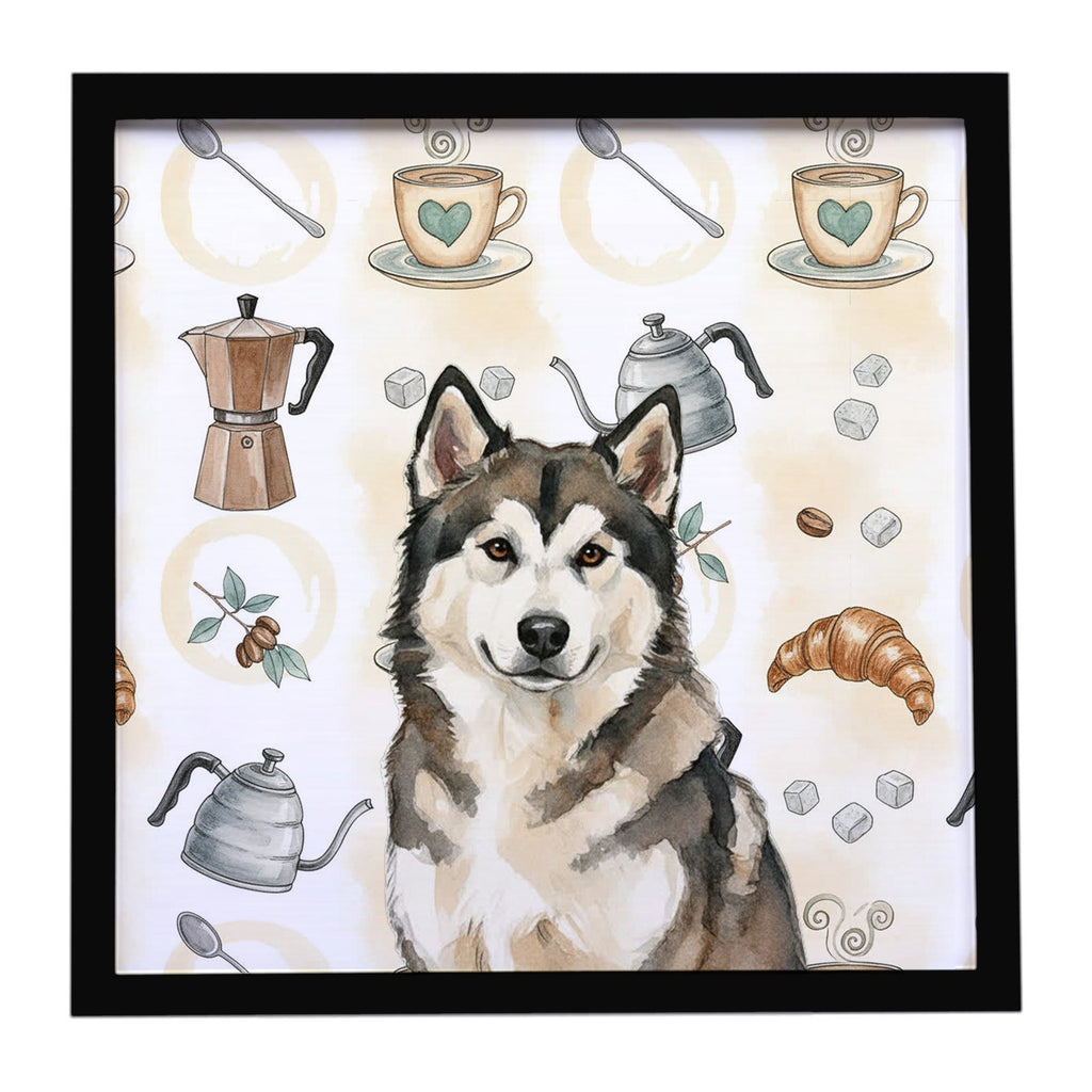 Sable and White Alaskan Malamute Coffee Bar Framed Metal Print Bathroom, Kitchen, Office, Home Decor Wall Art Ready to Hang, Square, 8X8