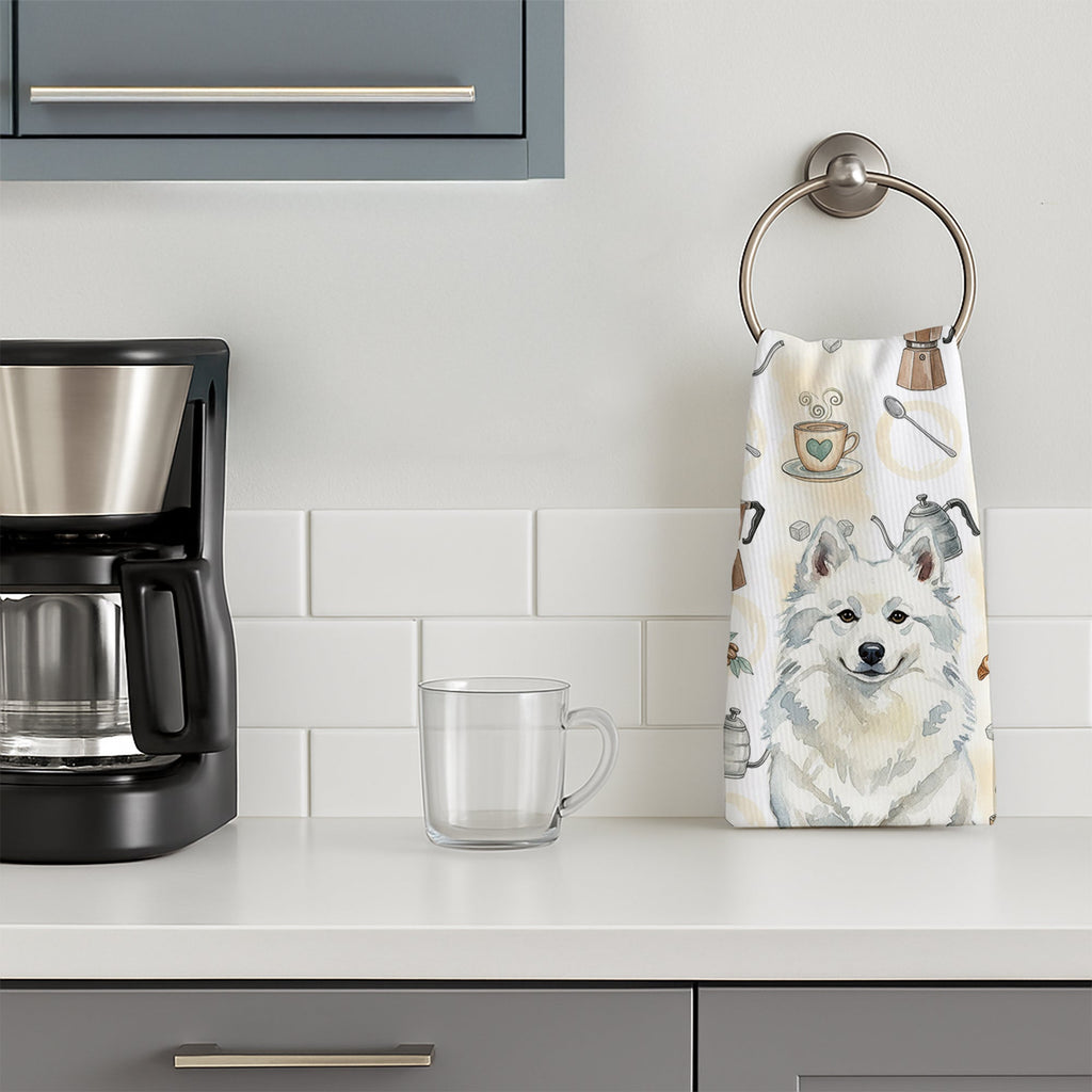 American Eskimo Coffee Bar Kitchen Towel Velour Plush Front and Cotton Loop Back Machine Washable