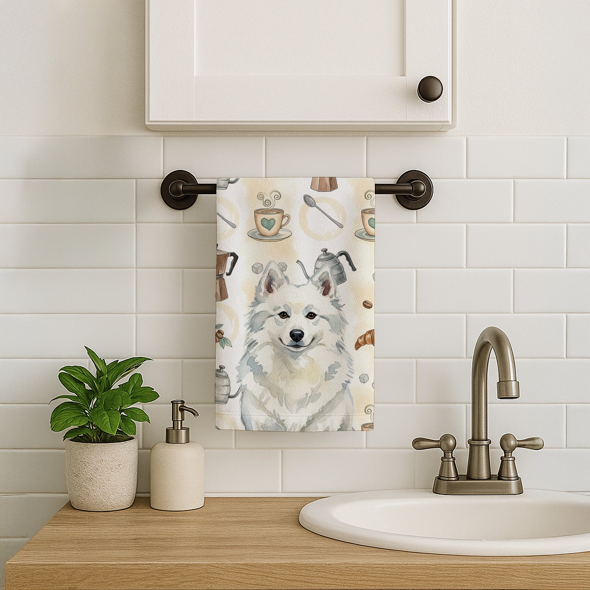 American Eskimo Coffee Bar Kitchen Towel Velour Plush Front and Cotton Loop Back Machine Washable