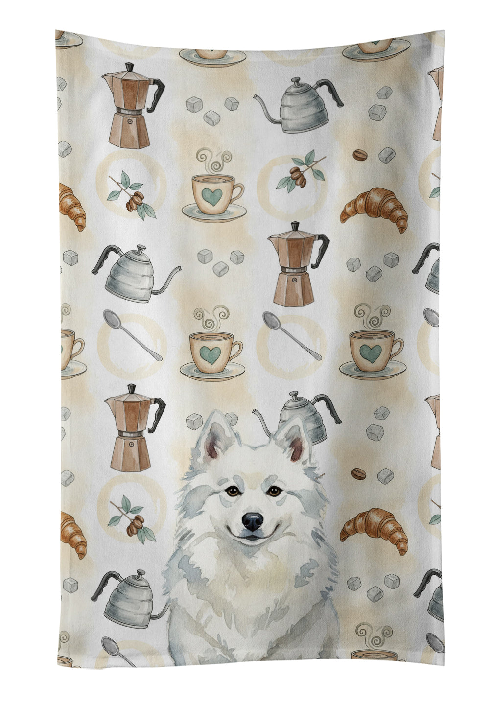 American Eskimo Coffee Bar Kitchen Towel Velour Plush Front and Cotton Loop Back Machine Washable