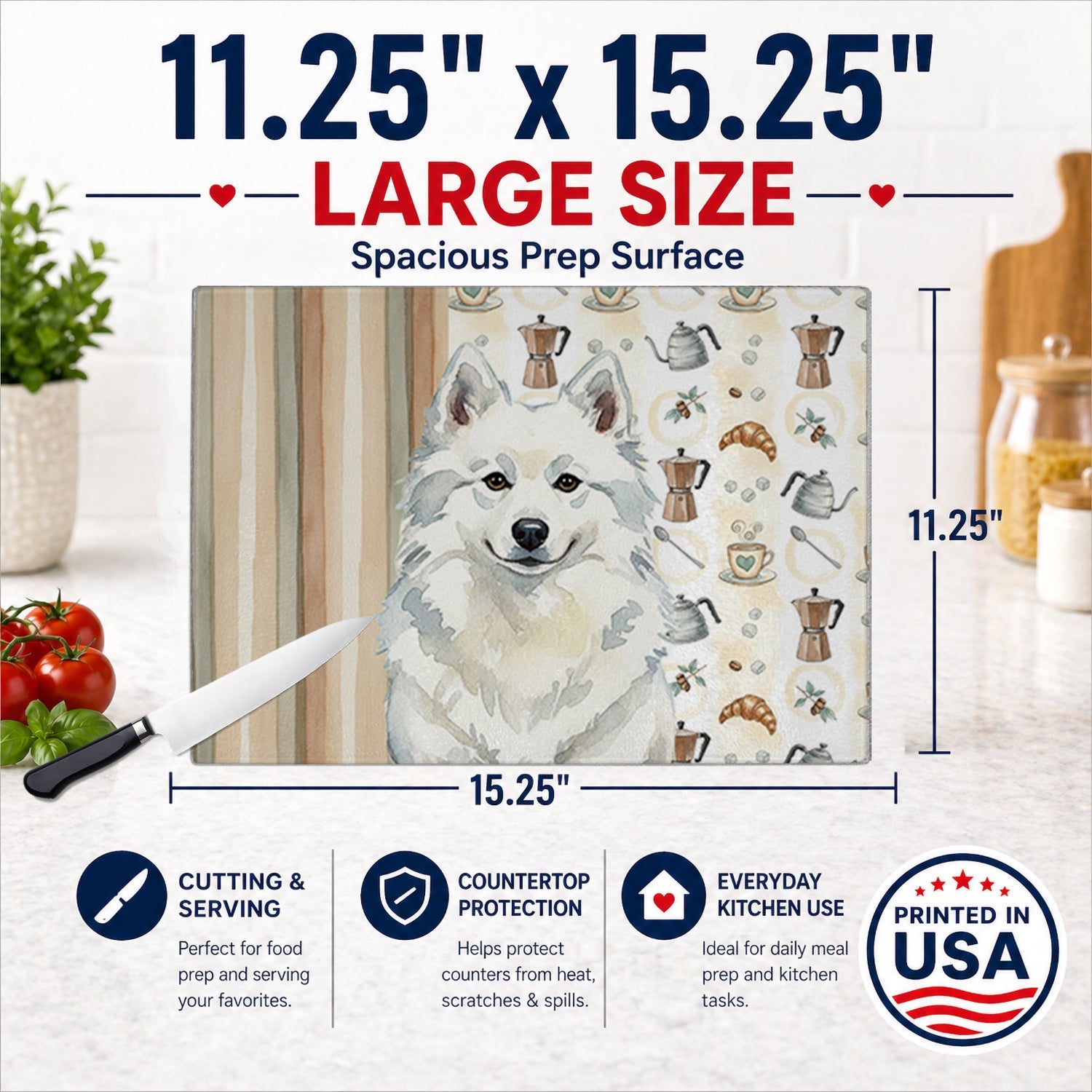 American Eskimo Coffee Bar Cutting Board Tempered Glass Kitchen Cutting Surface, Heat Resistant Chopping, Non-Slip Feet, Food Prep & Serving