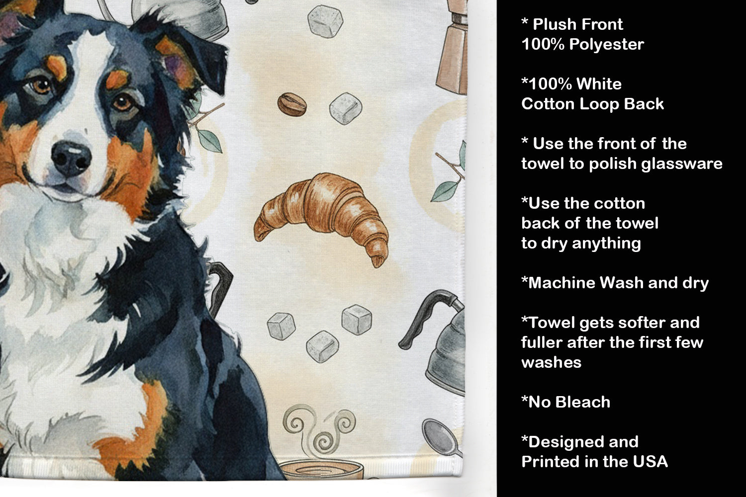 Black Tri American Shepherd Coffee Bar Kitchen Towel Velour Plush Front and Cotton Loop Back Machine Washable
