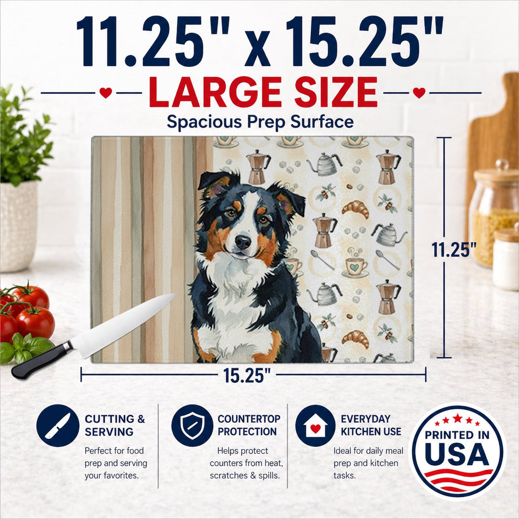 Black Tri American Shepherd Coffee Bar Cutting Board Tempered Glass Kitchen Cutting Surface, Heat Resistant Chopping, Non-Slip Feet, Food Prep & Serving