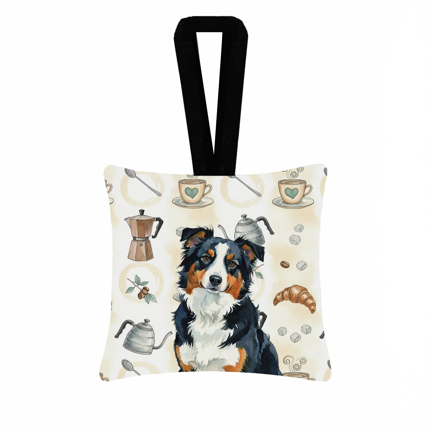 Black Tri American Shepherd Coffee Bar Hanging Square Fabric Ornament 3.5 � 3.5 Decorative Door-Knob & Tree Hanger, Soft Fabric