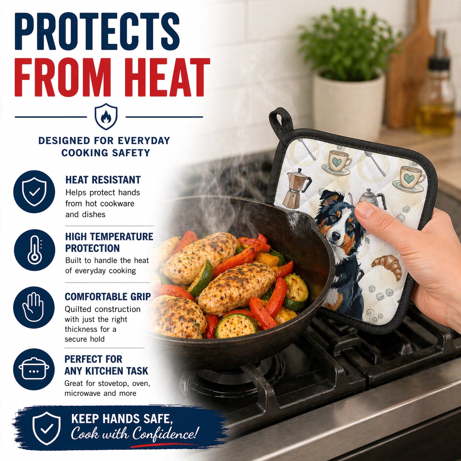 Black Tri American Shepherd Coffee Bar Pot Holder Set of 2 Heat Resistant Quilted Hot Pads 7.5 x 7.5 Inch, Insulated Kitchen Trivets for Cooking & Baking