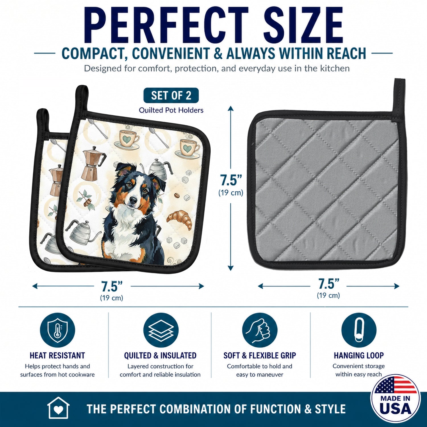 Black Tri American Shepherd Coffee Bar Pot Holder Set of 2 Heat Resistant Quilted Hot Pads 7.5 x 7.5 Inch, Insulated Kitchen Trivets for Cooking & Baking
