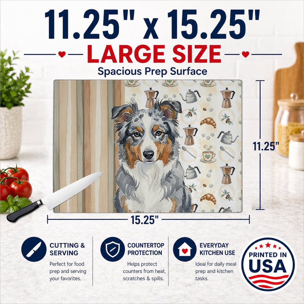 Blue Merle American Shepherd Coffee Bar Cutting Board Tempered Glass Kitchen Cutting Surface, Heat Resistant Chopping, Non-Slip Feet, Food Prep & Serving