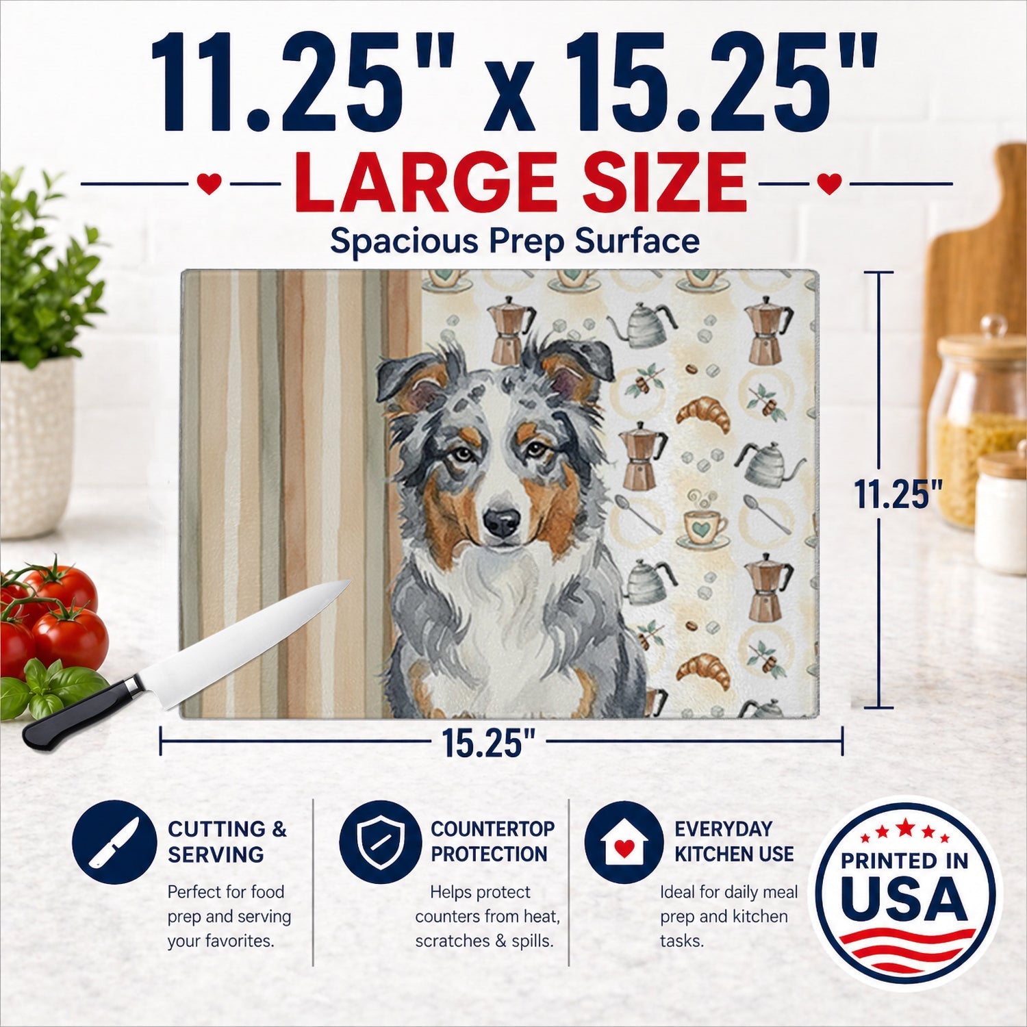 Blue Merle American Shepherd Coffee Bar Cutting Board Tempered Glass Kitchen Cutting Surface, Heat Resistant Chopping, Non-Slip Feet, Food Prep & Serving