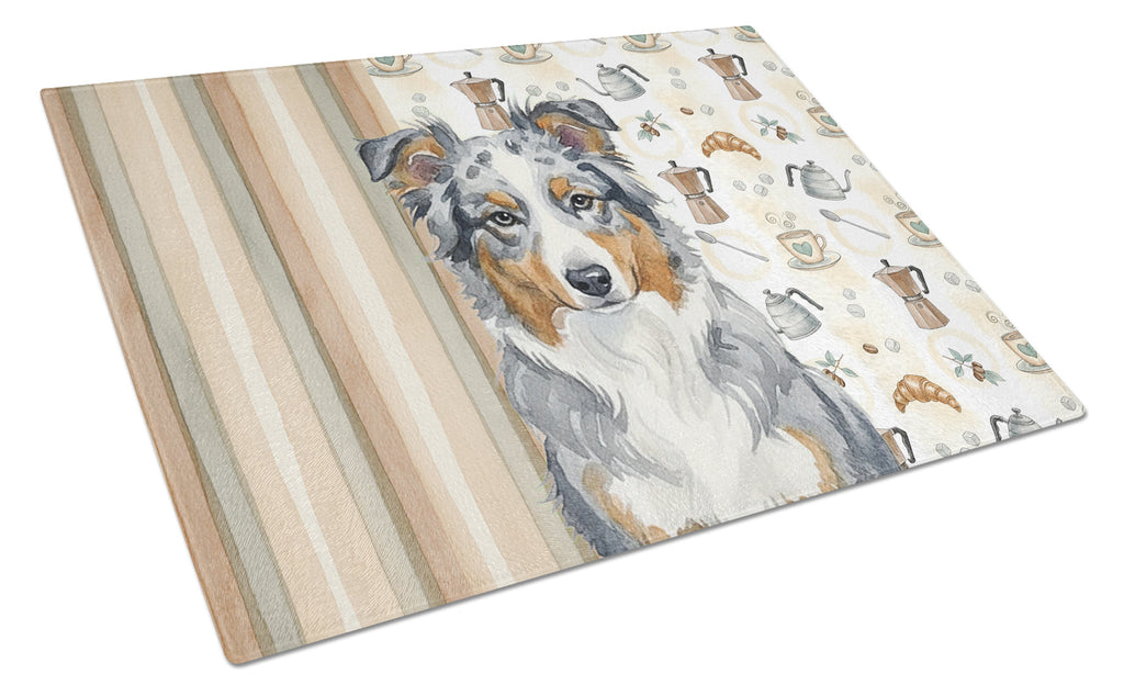 Blue Merle American Shepherd Coffee Bar Cutting Board Tempered Glass Kitchen Cutting Surface, Heat Resistant Chopping, Non-Slip Feet, Food Prep & Serving
