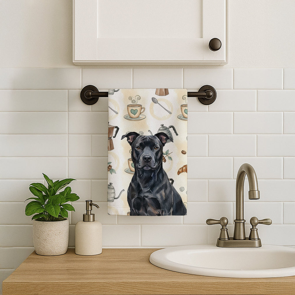 Black American Staffordshire Terrier Coffee Bar Kitchen Towel Velour Plush Front and Cotton Loop Back Machine Washable