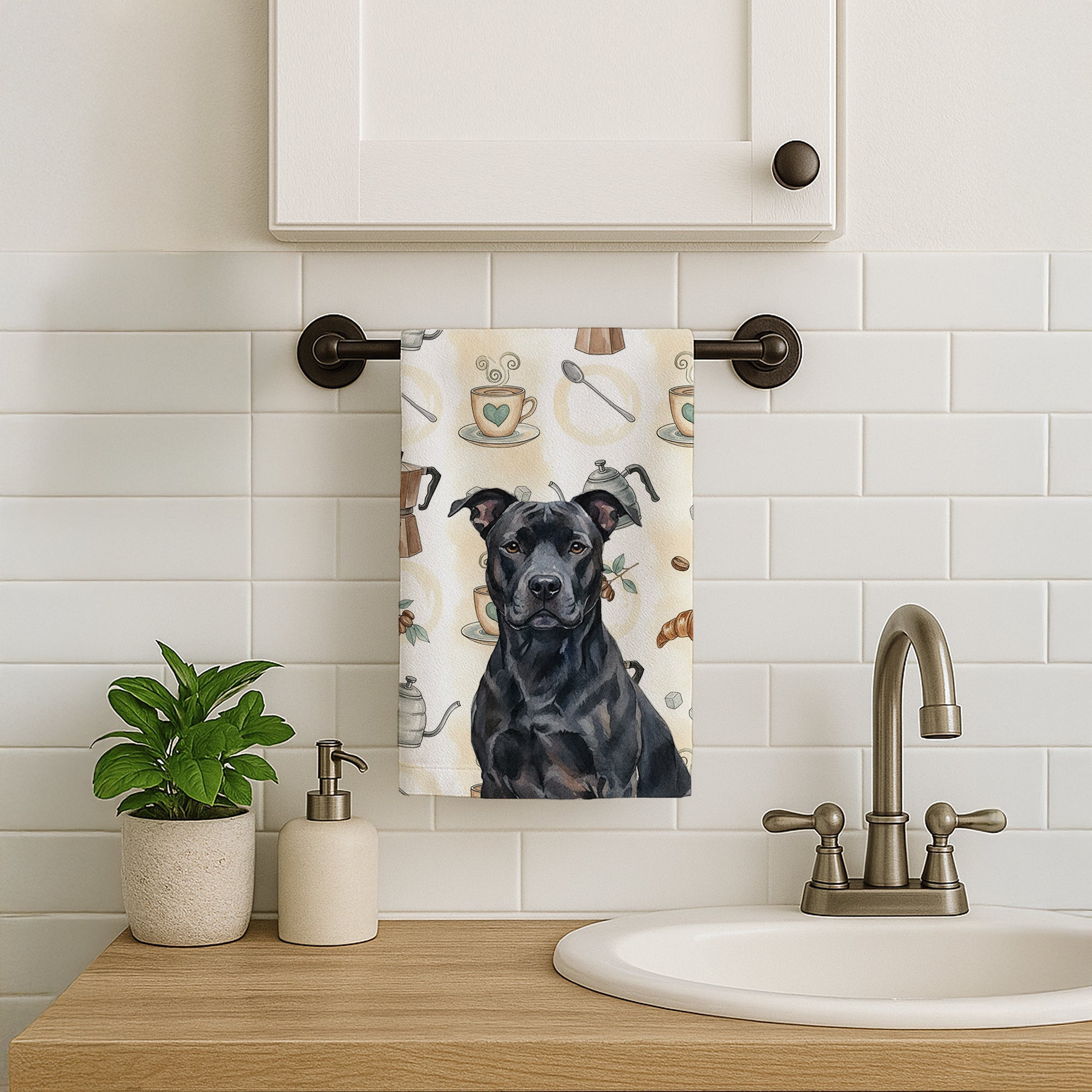 Black American Staffordshire Terrier Coffee Bar Kitchen Towel Velour Plush Front and Cotton Loop Back Machine Washable