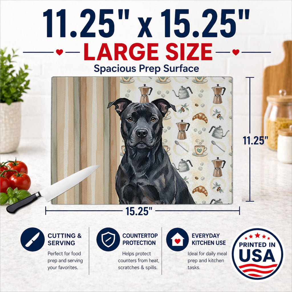Black American Staffordshire Terrier Coffee Bar Cutting Board Tempered Glass Kitchen Cutting Surface, Heat Resistant Chopping, Non-Slip Feet, Food Prep & Serving