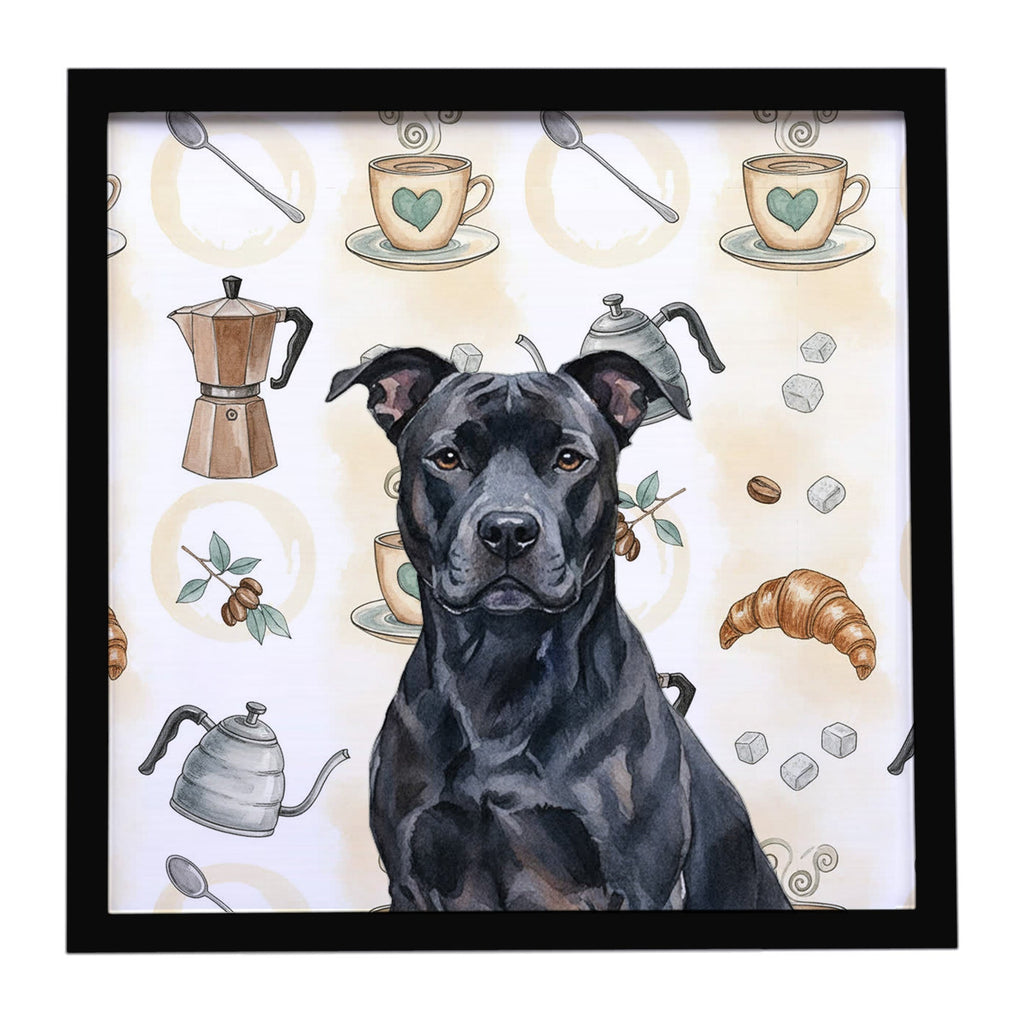 Black American Staffordshire Terrier Coffee Bar Framed Metal Print Bathroom, Kitchen, Office, Home Decor Wall Art Ready to Hang, Square, 8X8