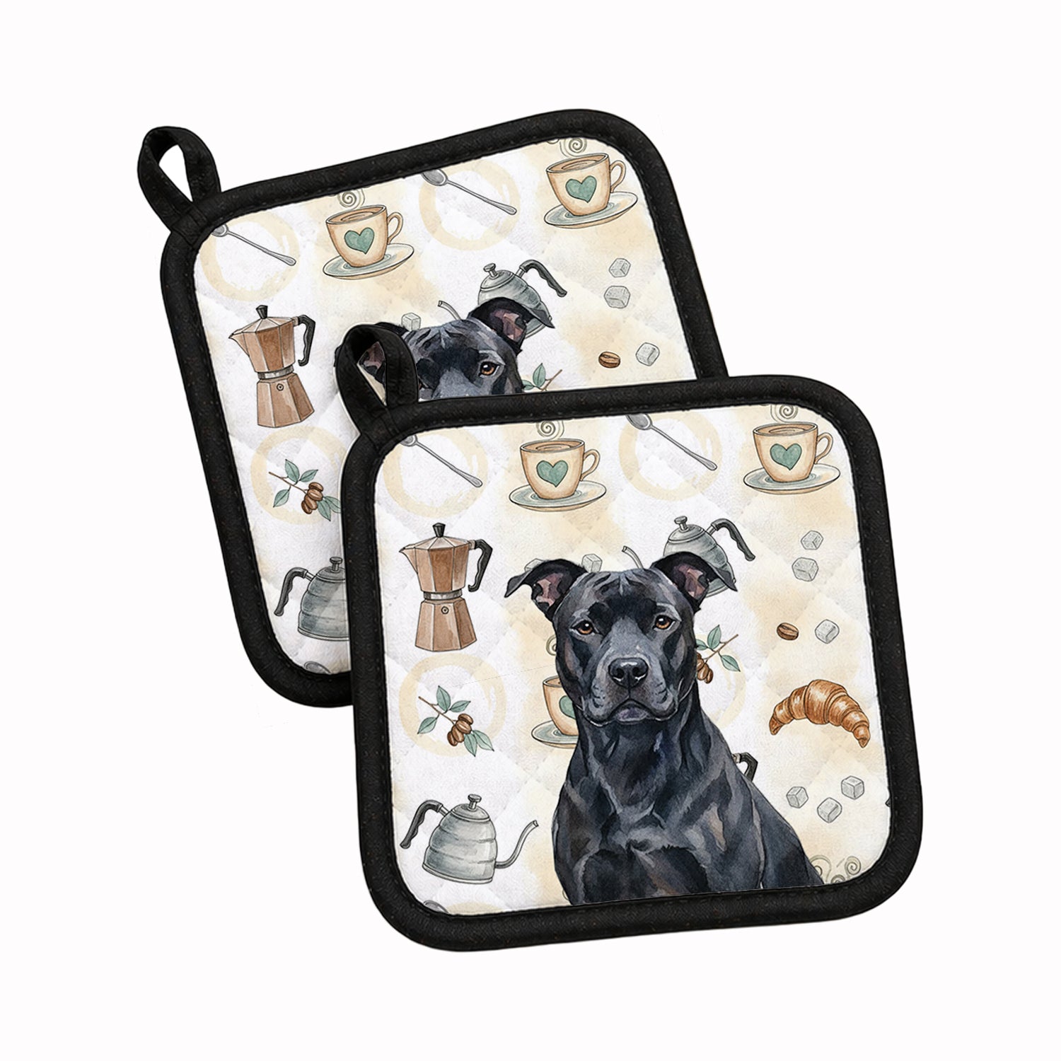 Black American Staffordshire Terrier Coffee Bar Pot Holder Set of 2 Heat Resistant Quilted Hot Pads 7.5 x 7.5 Inch, Insulated Kitchen Trivets for Cooking & Baking