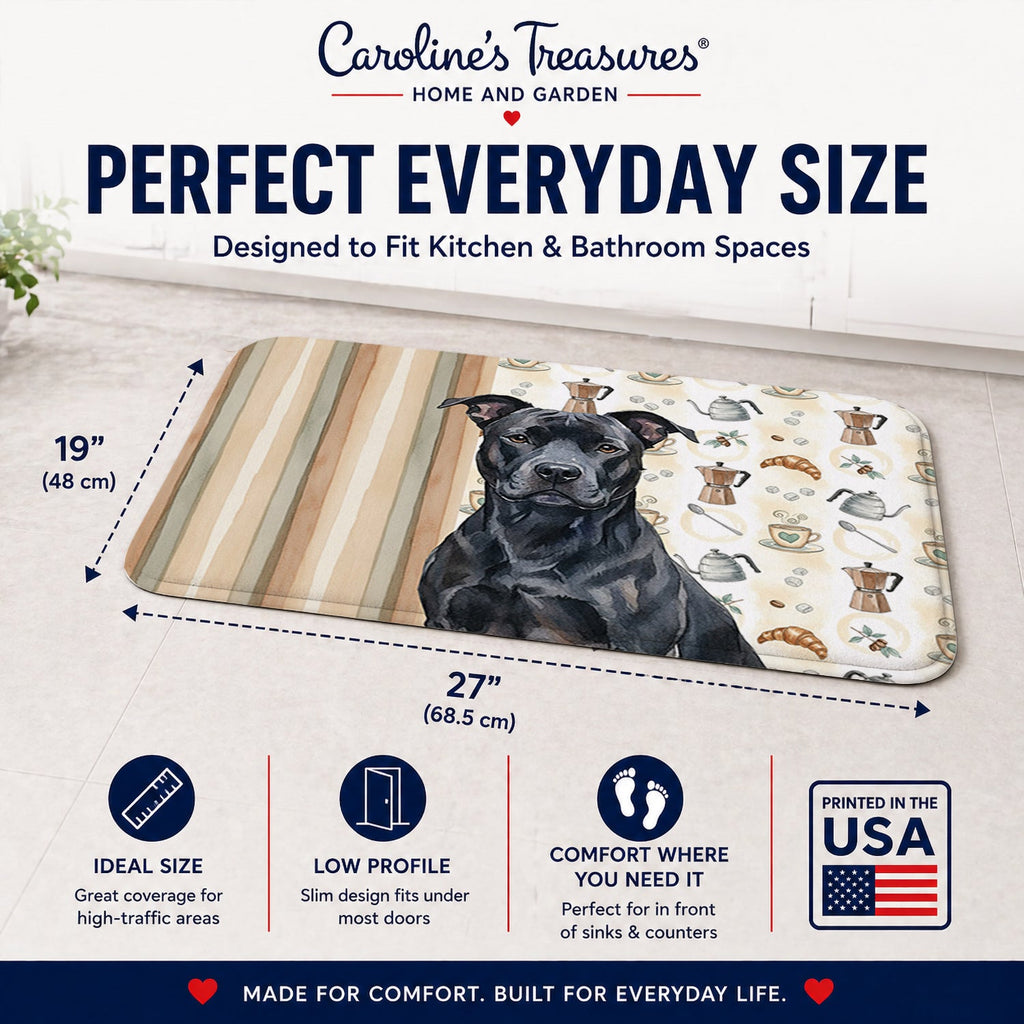 Black American Staffordshire Terrier Coffee Bar Memory Foam Kitchen Mat Machine Washable Anti-Fatigue Cushion Comfort Bath or Kitchen Rug