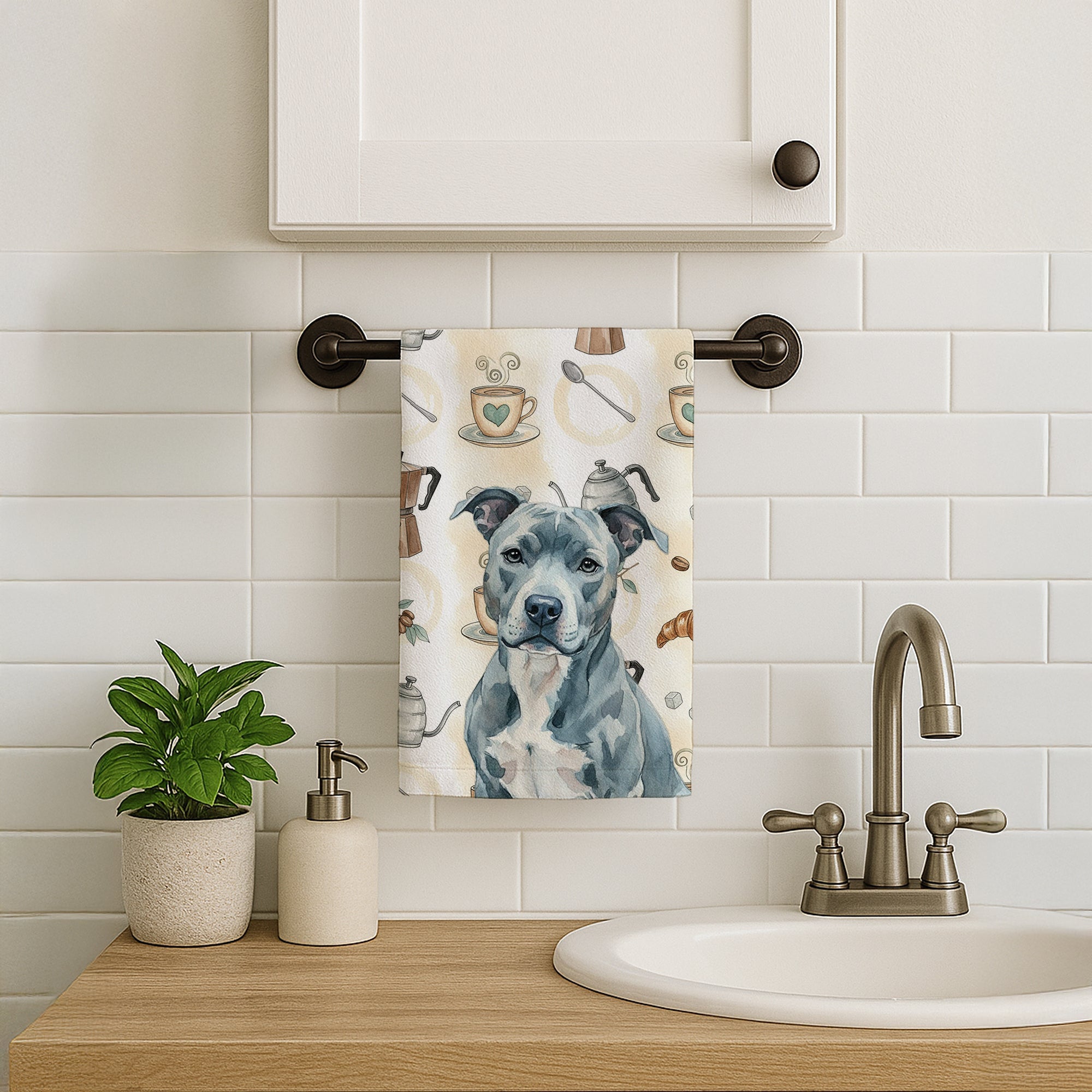 Blue American Staffordshire Terrier Coffee Bar Kitchen Towel Velour Plush Front and Cotton Loop Back Machine Washable