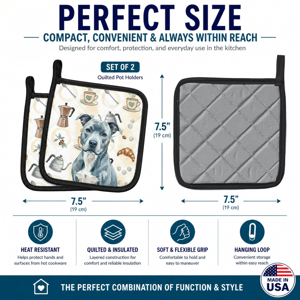 Blue American Staffordshire Terrier Coffee Bar Pot Holder Set of 2 Heat Resistant Quilted Hot Pads 7.5 x 7.5 Inch, Insulated Kitchen Trivets for Cooking & Baking