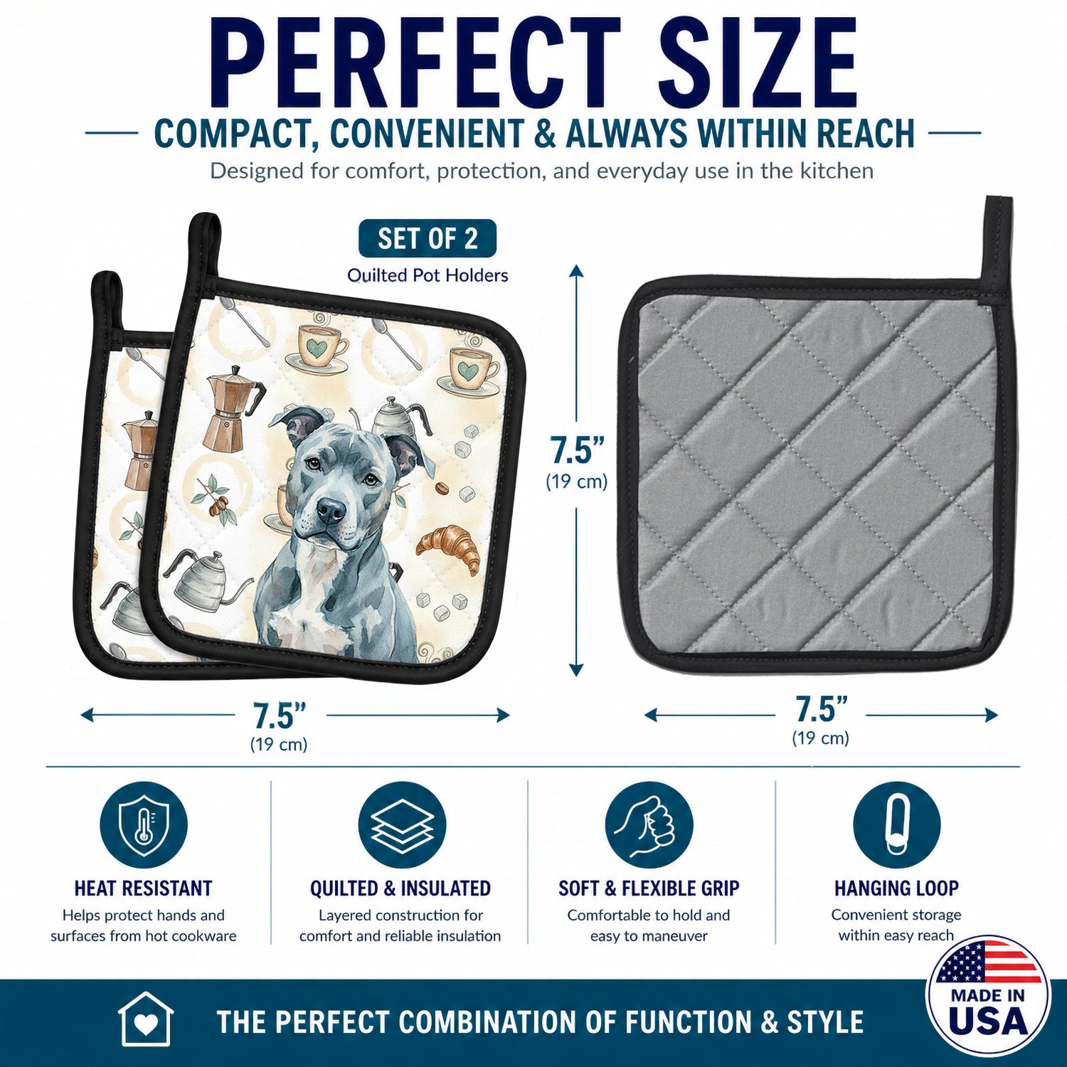 Blue American Staffordshire Terrier Coffee Bar Pot Holder Set of 2 Heat Resistant Quilted Hot Pads 7.5 x 7.5 Inch, Insulated Kitchen Trivets for Cooking & Baking