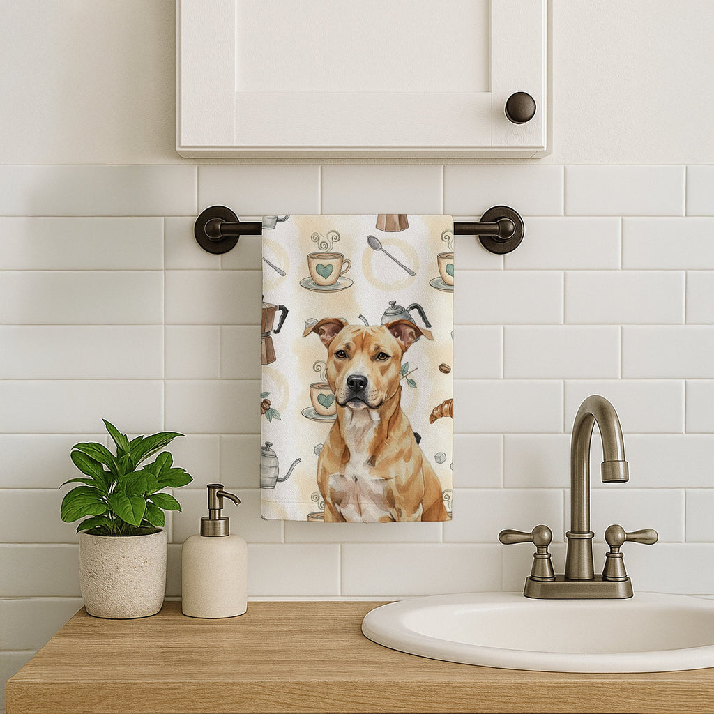 Fawn American Staffordshire Terrier Coffee Bar Kitchen Towel Velour Plush Front and Cotton Loop Back Machine Washable