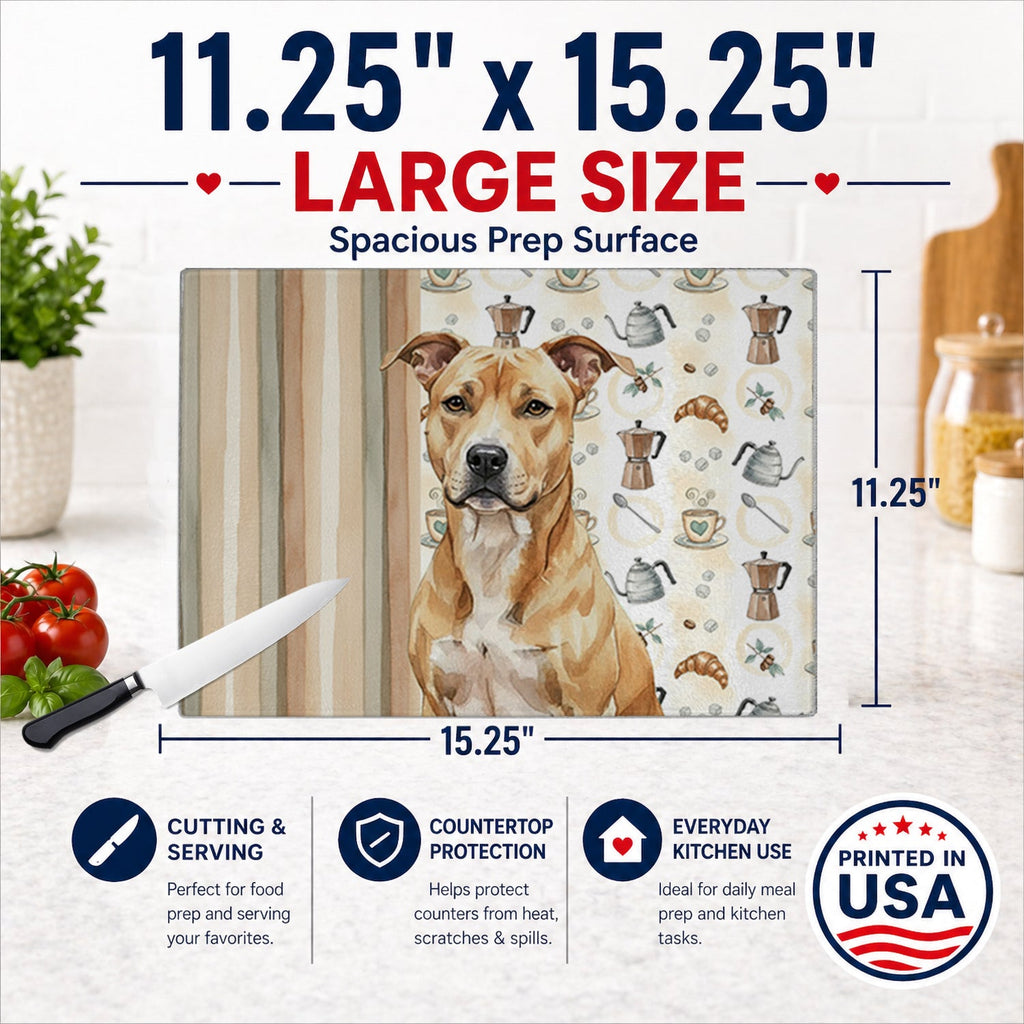 Fawn American Staffordshire Terrier Coffee Bar Cutting Board Tempered Glass Kitchen Cutting Surface, Heat Resistant Chopping, Non-Slip Feet, Food Prep & Serving