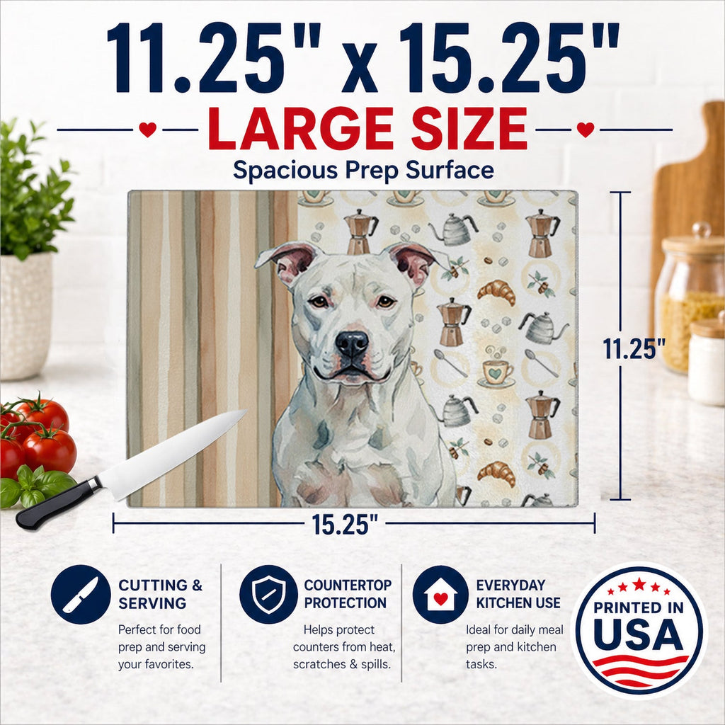 White American Staffordshire Terrier Coffee Bar Cutting Board Tempered Glass Kitchen Cutting Surface, Heat Resistant Chopping, Non-Slip Feet, Food Prep & Serving