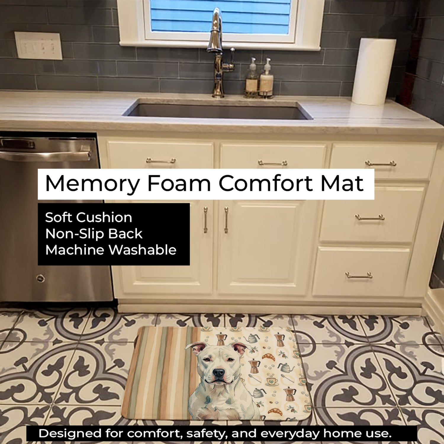 White American Staffordshire Terrier Coffee Bar Memory Foam Kitchen Mat Machine Washable Anti-Fatigue Cushion Comfort Bath or Kitchen Rug