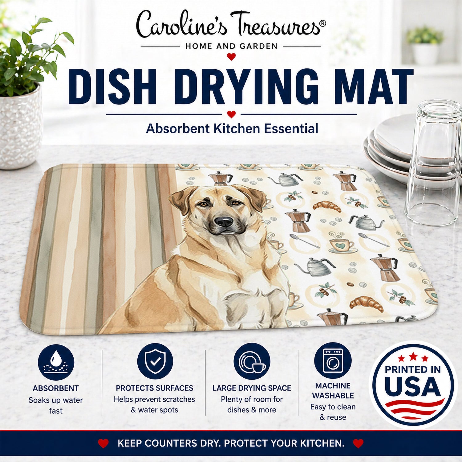 Anatolian Shepherd Dog Coffee Bar Dish Drying Mat Absorbent Dish Drying Mat Pad for Kitchen Counter Dish Drainer Mat for Countertop, 14 x 21", Multicolor