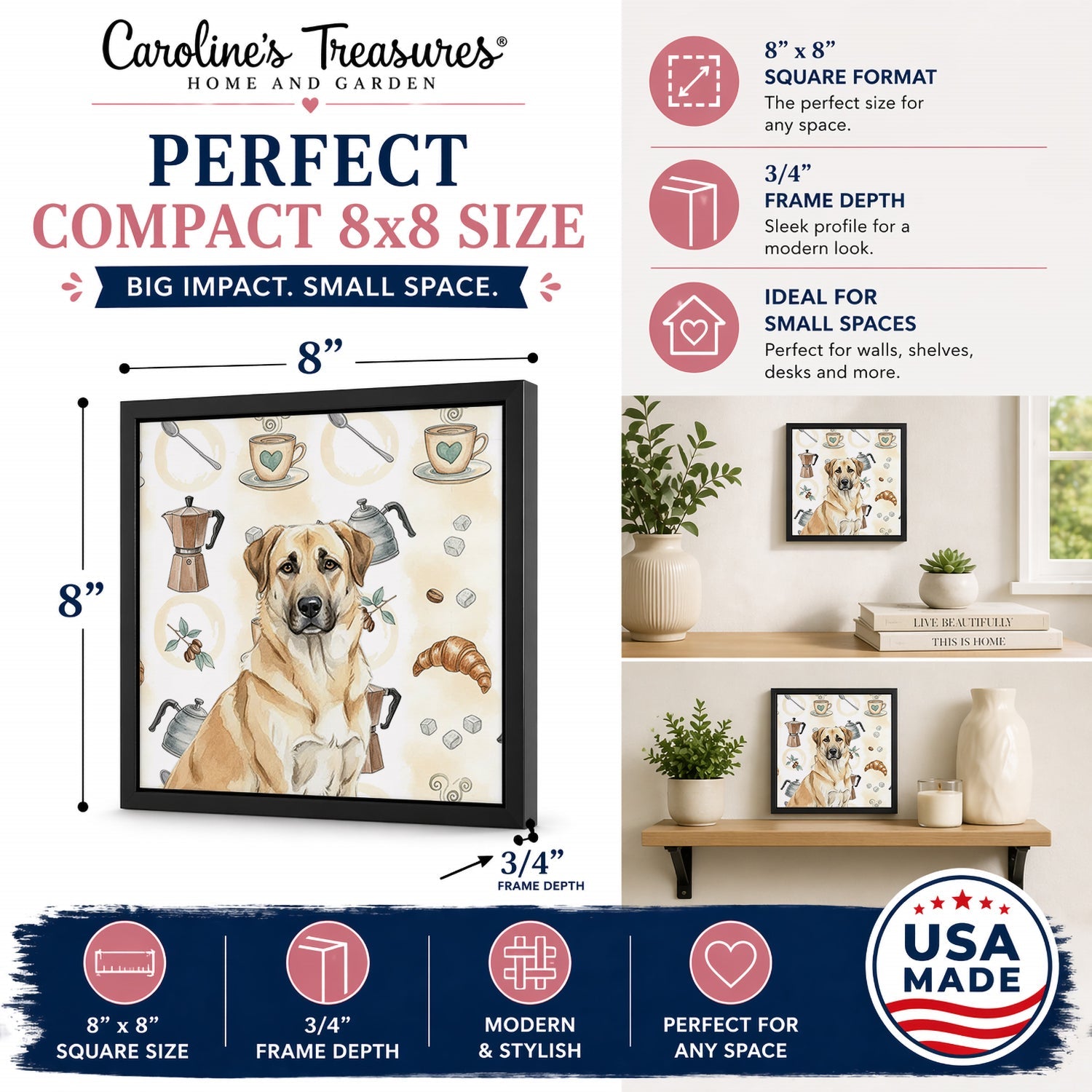 Anatolian Shepherd Dog Coffee Bar Framed Metal Print Bathroom, Kitchen, Office, Home Decor Wall Art Ready to Hang, Square, 8X8