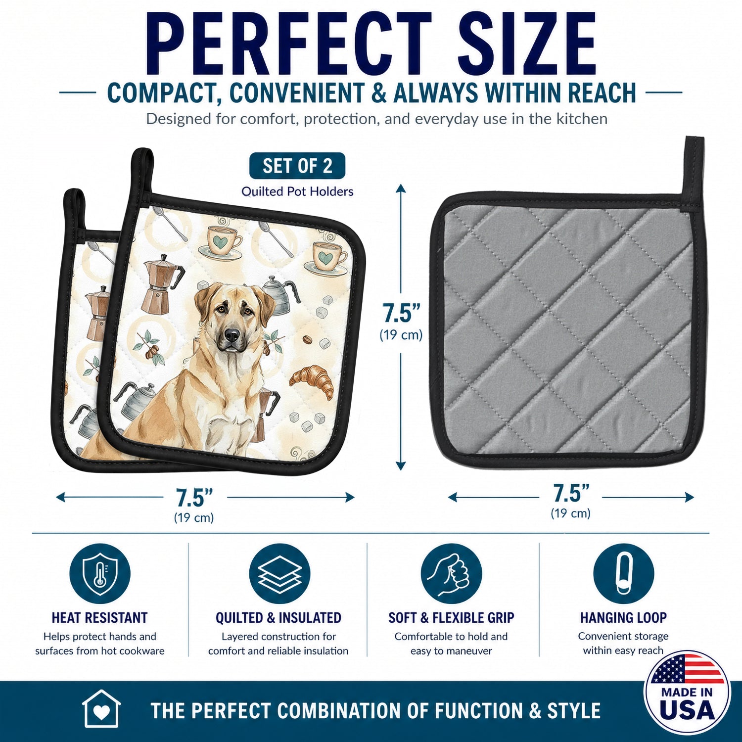 Anatolian Shepherd Dog Coffee Bar Pot Holder Set of 2 Heat Resistant Quilted Hot Pads 7.5 x 7.5 Inch, Insulated Kitchen Trivets for Cooking & Baking