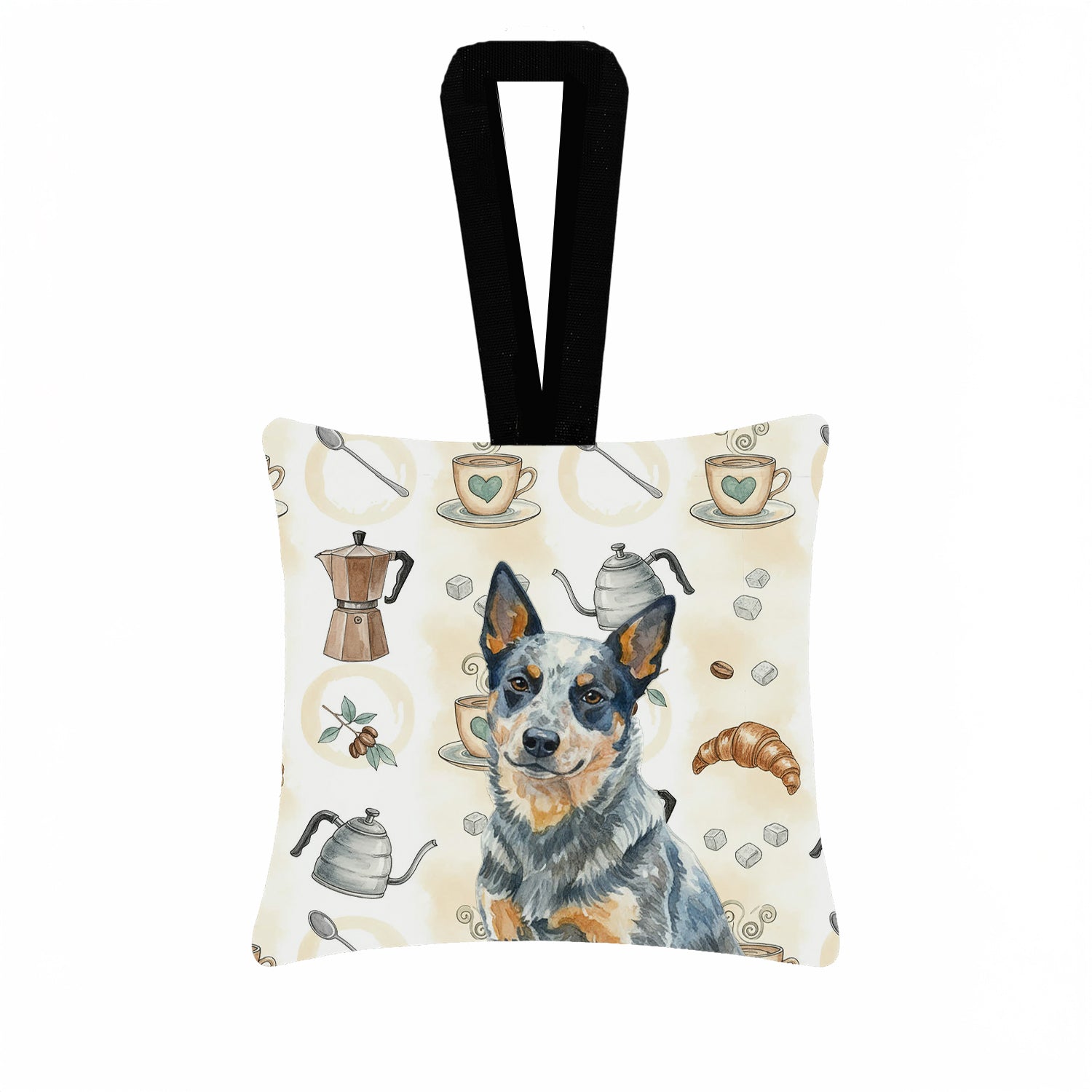 Blue Heeler Australian Cattle Dog Coffee Bar Hanging Square Fabric Ornament 3.5 � 3.5 Decorative Door-Knob & Tree Hanger, Soft Fabric