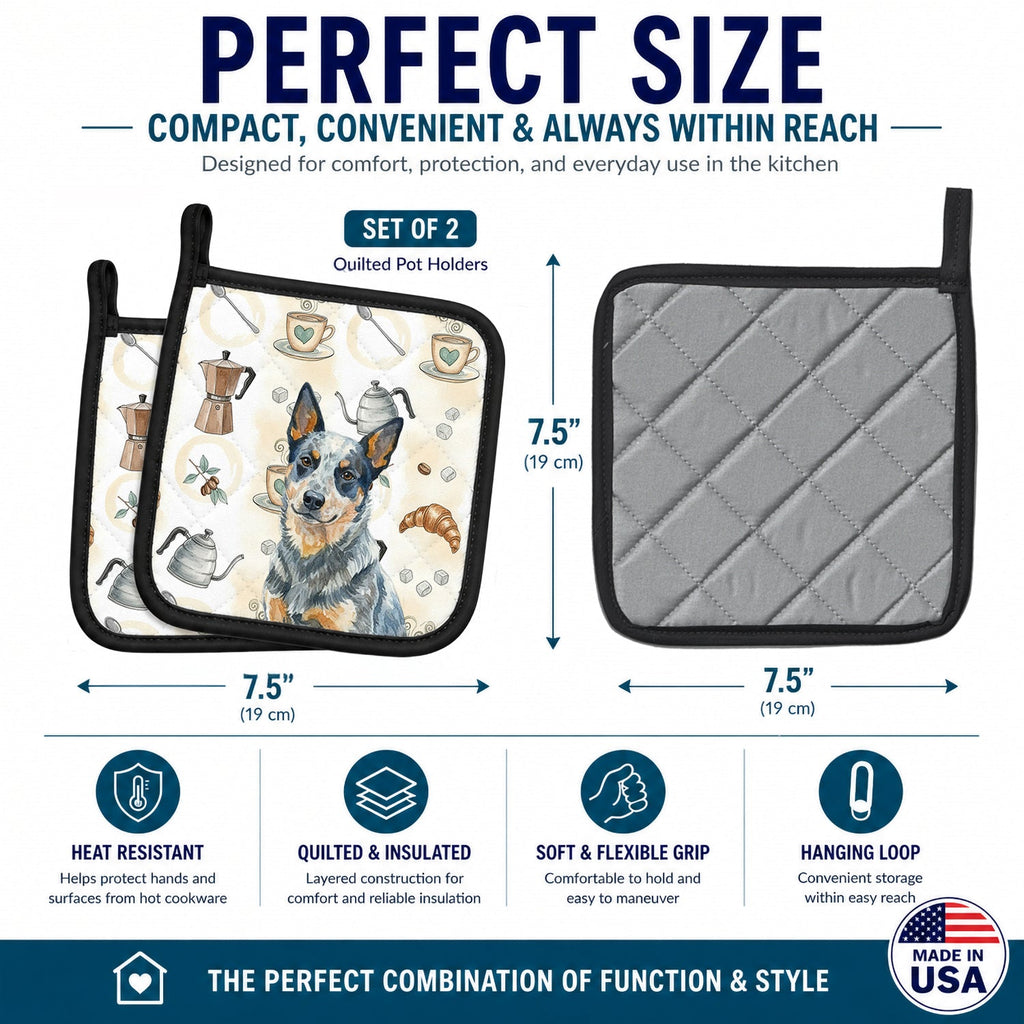 Blue Heeler Australian Cattle Dog Coffee Bar Pot Holder Set of 2 Heat Resistant Quilted Hot Pads 7.5 x 7.5 Inch, Insulated Kitchen Trivets for Cooking & Baking